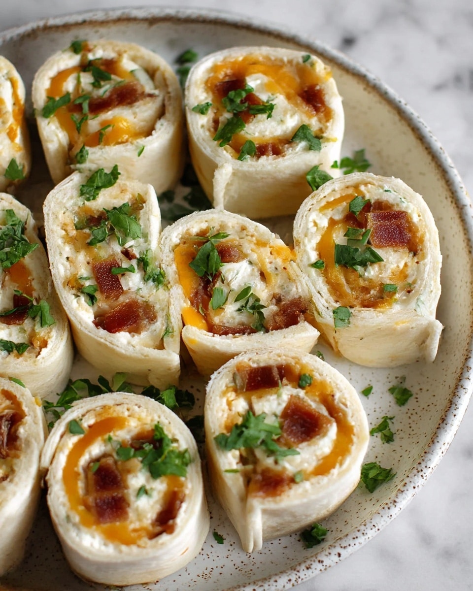 The image shows small roll-up sandwiches cut into bite-sized pieces and arranged close together on a white plate with a speckled texture. Each roll has an outer white flatbread layer wrapped around a creamy white inner layer with melted orange cheese and small bits of brown bacon or meat. Fresh bright green herbs are sprinkled in and around the rolls, adding a fresh touch. The background is a white marbled texture. photo taken with an iphone --ar 4:5 --v 7