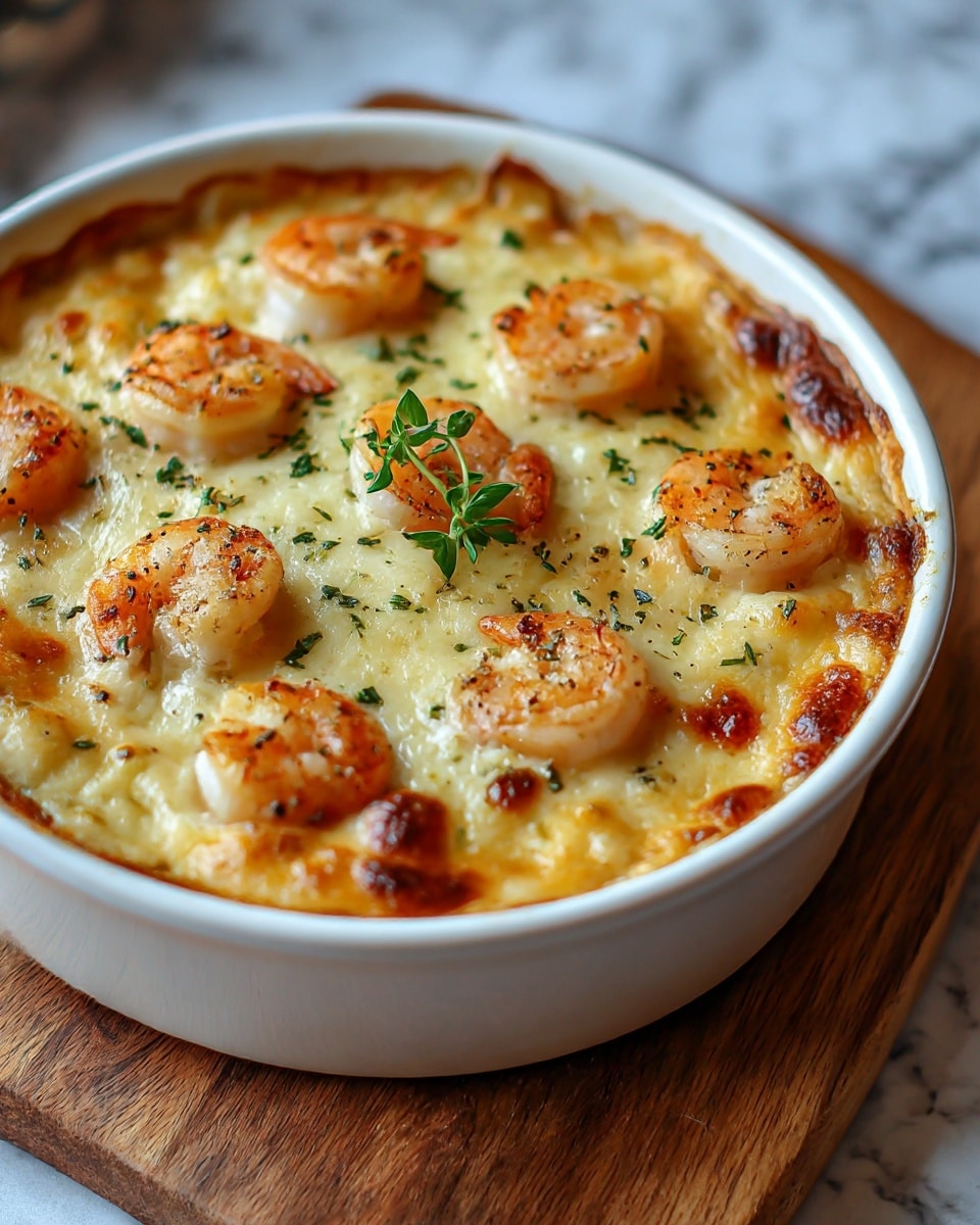 A round white ceramic baking dish filled with a creamy, golden-brown baked shrimp casserole. The top layer has about eight pink shrimp curled on a slightly bubbly, melted cheese surface sprinkled with small green herb bits, and some browned spots give a crispy look around the edges. One small green herb sprig stands out in the center. The dish sits on a wooden board with a blurred white marbled textured background, and soft lighting highlights the warm colors and textures of the shrimp and cheese. Photo taken with an iphone --ar 4:5 --v 7
