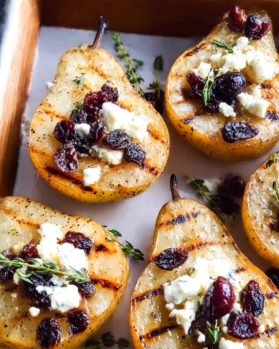 Four grilled pear halves with light brown char marks are arranged in a wooden tray, each topped with white crumbly cheese, dark red dried cranberries, and small bright green thyme sprigs scattered on and around the pears. The pears have a smooth, shiny texture with speckled golden skin visible around the edges. The close-up shot shows juicy, slightly caramelized surfaces with a mix of textures from soft cheese and chewy cranberries. photo taken with an iphone --ar 4:5 --v 7