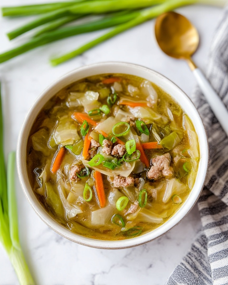 A white bowl filled with clear broth soup containing light green cabbage pieces, thin strips of orange carrot, small browned ground meat chunks, and sliced green onions scattered on top, sitting on a white marbled surface. In the background, there are green onion stalks lying on the surface and a golden spoon with a white handle resting on a striped cloth. The soup looks fresh and warm, with visible layers of vegetables and meat in a transparent broth. photo taken with an iphone --ar 4:5 --v 7
