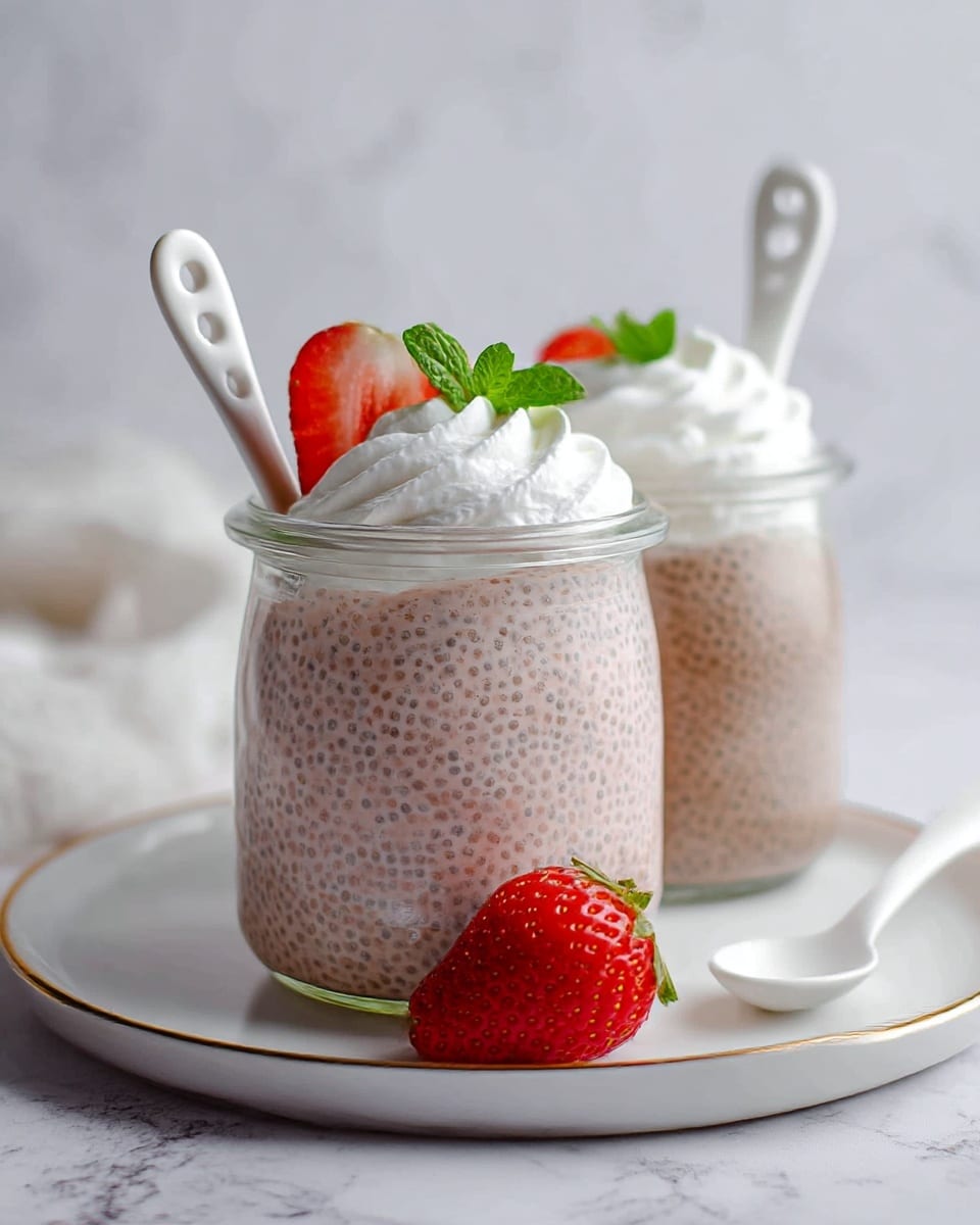 Two clear glass jars sit on a white plate with a thin gold rim, placed on a white marbled surface. Each jar has two visible layers of chia pudding: the bottom layer is light pink with tiny chia seeds, and the top layer is light brown, also with chia seeds visible. On top of each jar, there is a swirl of white whipped cream, garnished with one half of a bright red strawberry and a small green mint leaf. White ceramic spoons with holes in the handles stand upright in each jar. A whole strawberry lies next to the plate. The background is softly blurred, highlighting the jars in the foreground. photo taken with an iphone --ar 4:5 --v 7