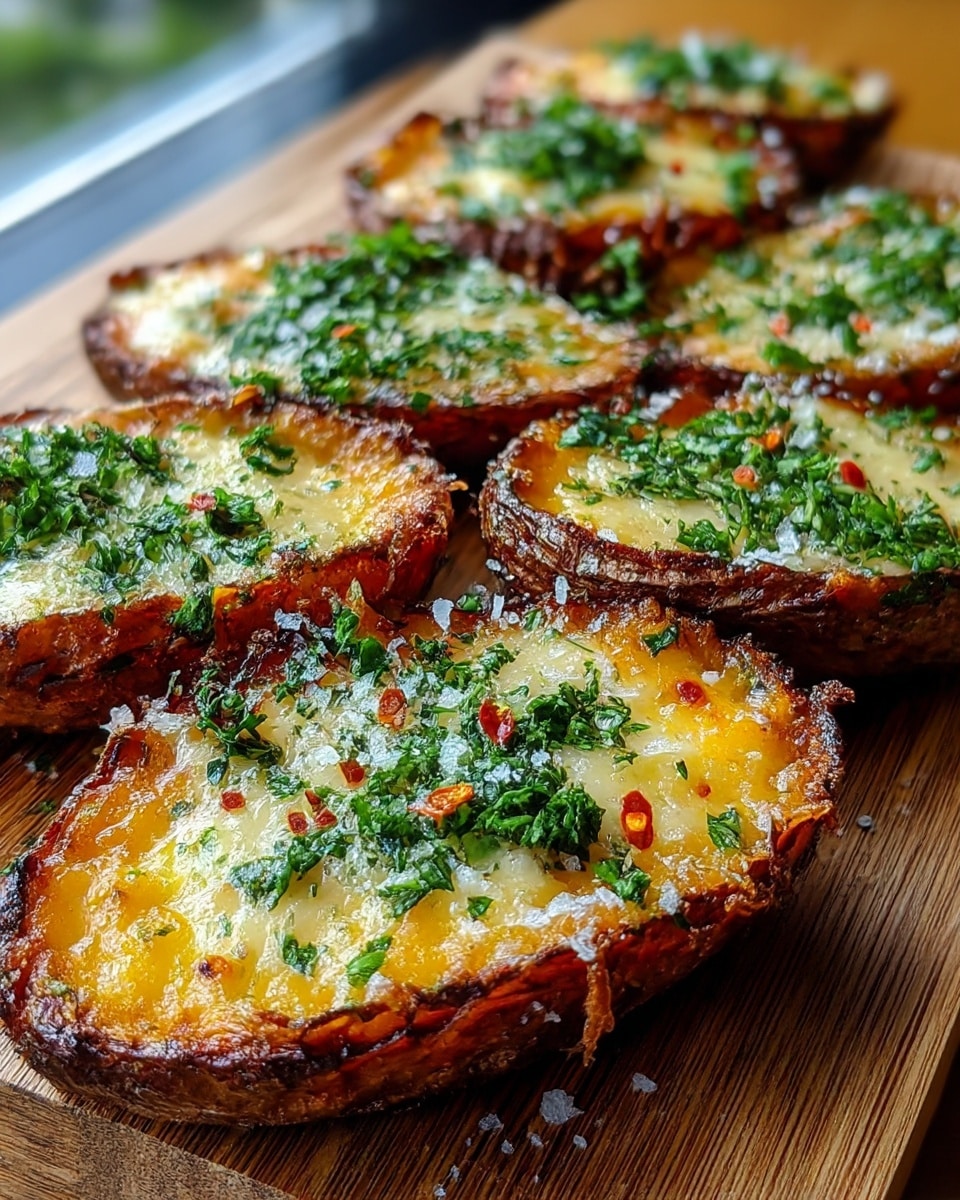 The image shows six roasted potato slices arranged closely in a line on a wooden board, each slice with a crispy, dark brown edge and a bright golden-yellow center. Each potato slice is topped with melted cheese that appears slightly browned and bubbly. Green chopped herbs, likely parsley, are generously sprinkled over the cheese, along with coarse salt and small red chili flakes adding texture and color contrast. The wood grain of the board adds rustic warmth to the presentation with a blurred background giving depth to the close-up shot. Photo taken with an iphone --ar 4:5 --v 7