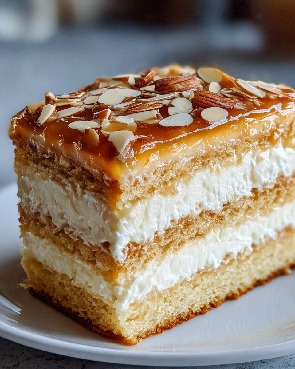 A close-up of a square layered cake slice with four visible layers: the bottom layer is a light brown soft cake, followed by a thick creamy white layer, then a slightly darker cake layer, topped with a thinner white cream layer, and finished with a shiny golden caramel layer sprinkled with sliced almonds. The cake rests on a white plate, set on a white marbled textured surface, showing detailed textures of the moist cake and glossy almond topping. photo taken with an iphone --ar 4:5 --v 7