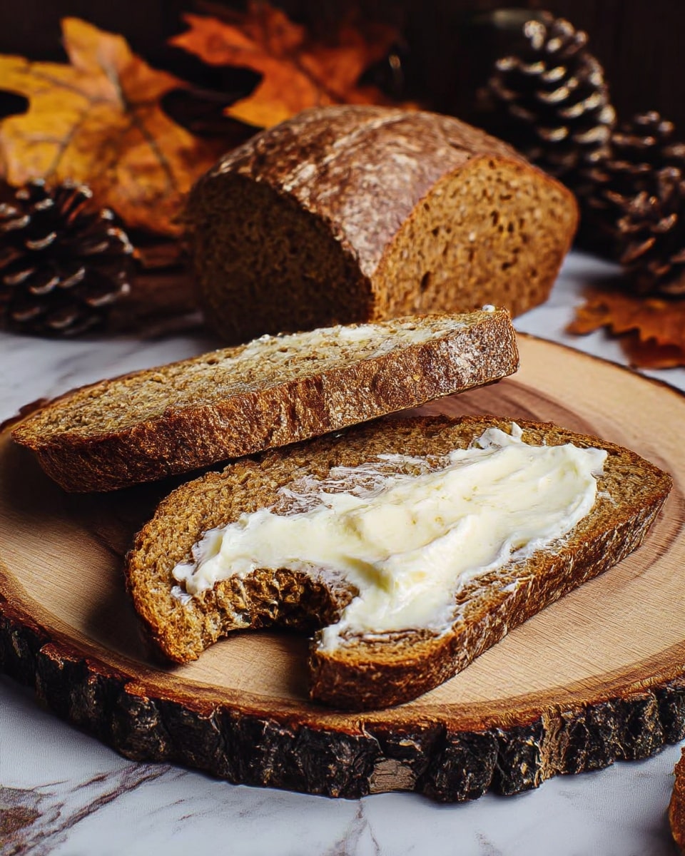 The image shows two thick slices of brown bread on a round wooden board with bark on the edges, placed on a white marbled surface. The slice in the front is spread with melted white butter, with one bite taken out of it, revealing the soft texture inside. Behind it, a whole piece of brown bread block is visible, showing its rough, grainy crust and soft crumb. In the background, there are autumn leaves and pine cones, giving a cozy, rustic feel. photo taken with an iphone --ar 4:5 --v 7