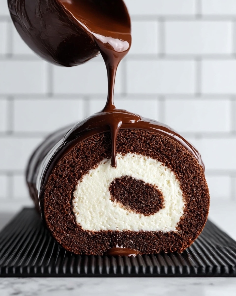 A close-up view of a chocolate roll cake with two visible layers: a dark brown chocolate sponge cake rolled tightly with a smooth, creamy white filling inside. On top, thick, glossy chocolate sauce is being poured, slowly covering the top and sides with a rich texture, dripping slightly onto the surface below. The cake sits on a ribbed black mat against a white marbled texture background with a tiled white wall behind it. photo taken with an iphone --ar 4:5 --v 7