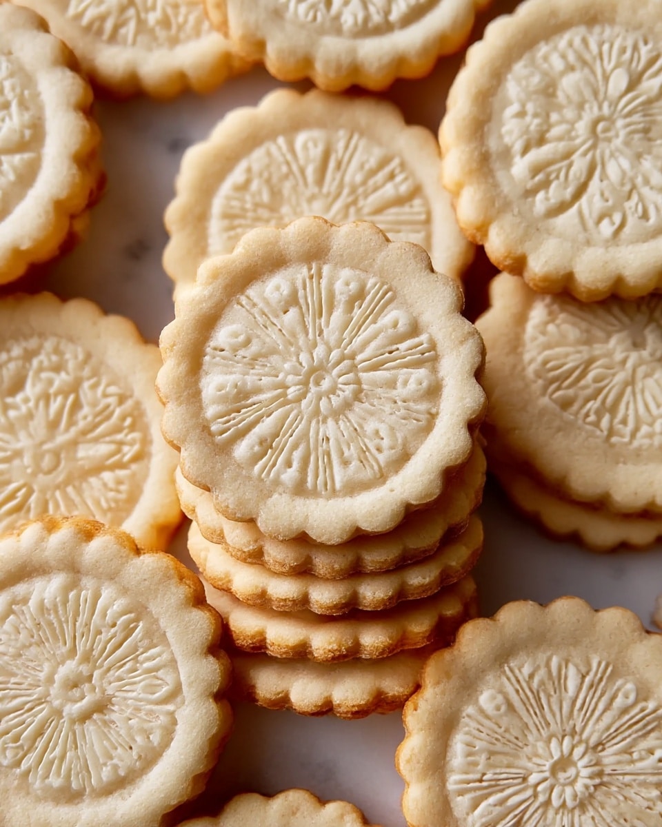 A close-up view of many round, light golden cookies stacked in layers on a white marbled surface. Each cookie has a scalloped edge and a finely detailed floral or geometric pattern pressed into the top surface, showing delicate raised lines and small dots. The cookie edges are slightly browned, giving a baked texture, and the overall color is pale beige with soft shadows between the cookies. The patterns vary but all have a clear decorative design that stands out against the smooth cookie base. photo taken with an iphone --ar 4:5 --v 7