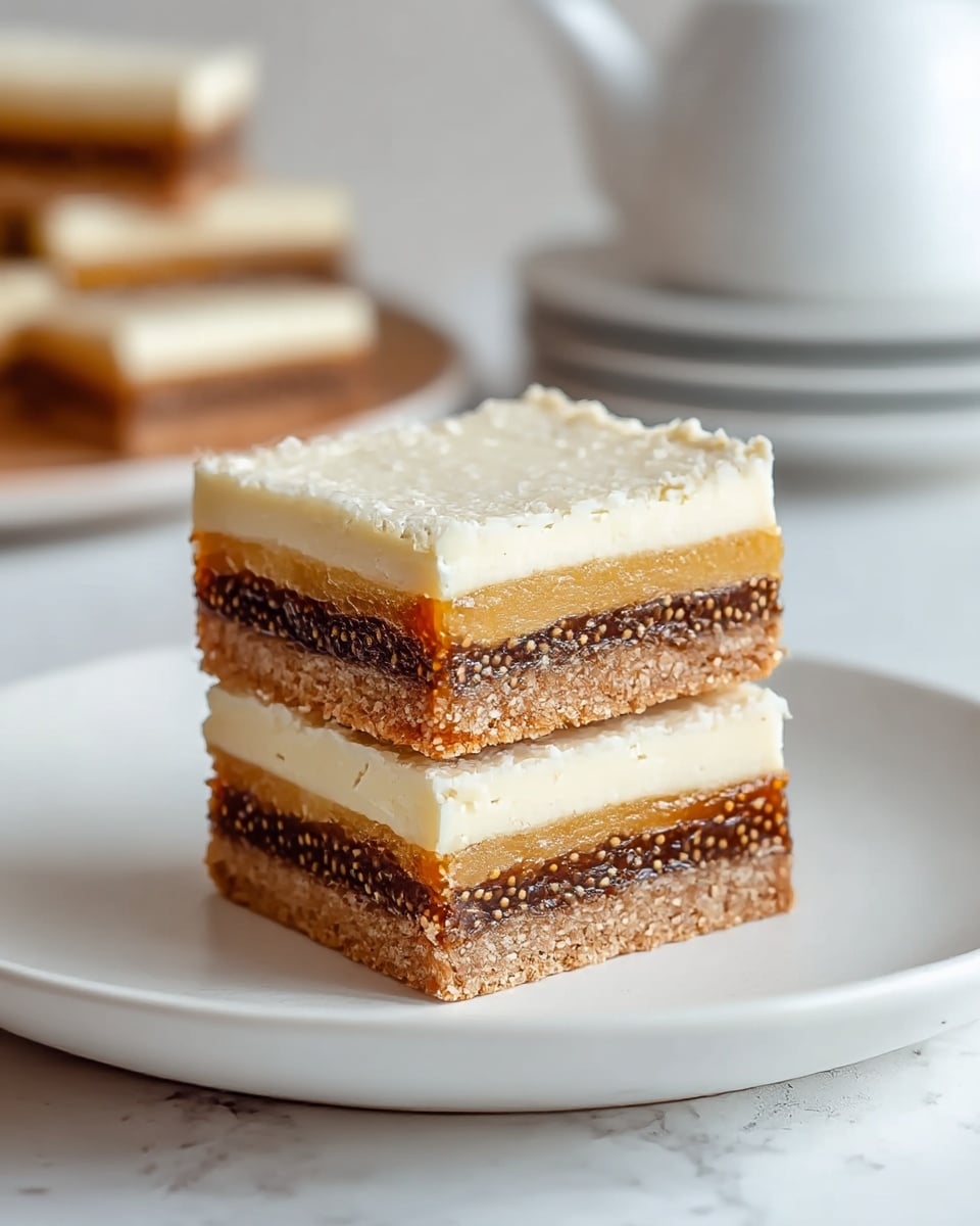 Two square dessert bars are stacked on a white plate, set on a white marbled surface. Each bar has four visible layers: the bottom layer is a crumbly light brown crust, followed by a thin pale yellow layer. Above that is a thick dark amber layer with visible seeds, looking sticky and rich in texture. The top layer is a creamy off-white, slightly crumbly layer that appears soft. In the blurred background, a white teapot and stacked white plates are visible. Photo taken with an iphone --ar 4:5 --v 7