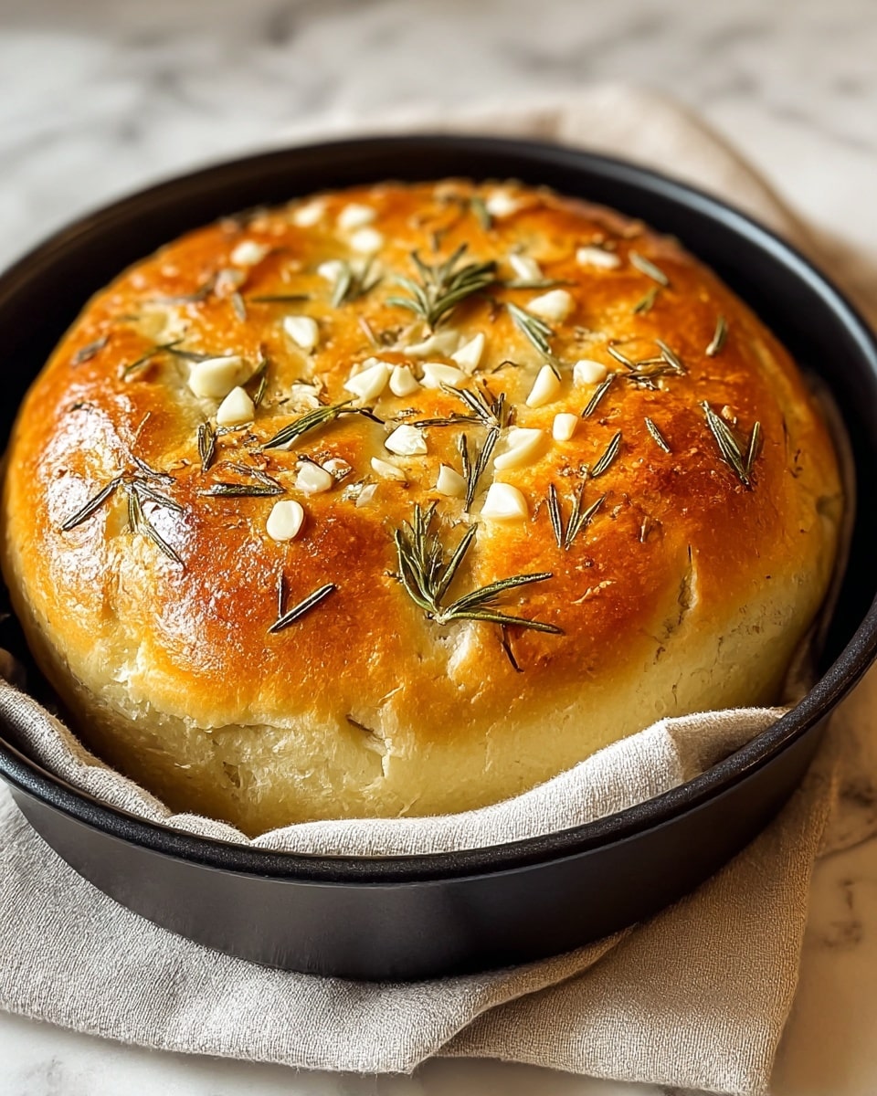 A round, golden-brown bread loaf with a shiny, slightly crispy top, baked in a black round pan, rests on a light beige cloth. The top of the bread is decorated with small pieces of white chopped garlic and green rosemary sprigs scattered evenly. The bread has a thick, fluffy texture with some cracks showing the soft inside. The pan and bread sit on a white marbled surface. photo taken with an iphone --ar 4:5 --v 7