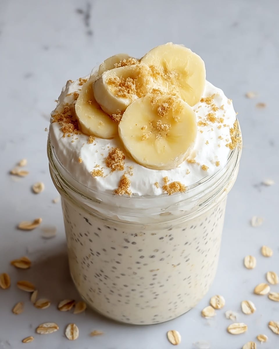 A clear glass jar filled with a creamy, light beige oatmeal mixture with visible tiny chia seeds throughout, topped with a thick layer of white whipped cream. On top, there are five evenly spaced banana slices with a light yellow color and a soft texture. Crumbled light brown crumbs are sprinkled gently over the banana slices and whipped cream. The jar sits on a white marbled textured surface with scattered oat flakes around it. photo taken with an iphone --ar 4:5 --v 7