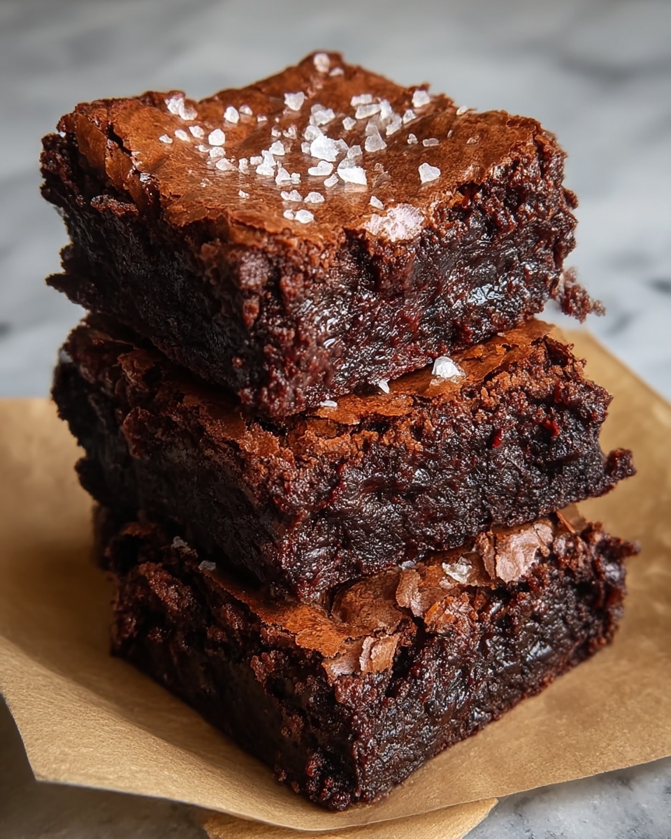 A close-up of three rich, dark chocolate brownies stacked in a pyramid on a piece of light brown parchment paper. Each brownie has a shiny, cracked top crust with coarse white sea salt flakes sprinkled over it, giving a rough texture contrast. The inside layers of the brownies look moist and dense with a gooey, fudgy texture, showing uneven dark brown shades. The background is a white marbled surface, softly blurred to keep focus on the brownies. photo taken with an iphone --ar 4:5 --v 7