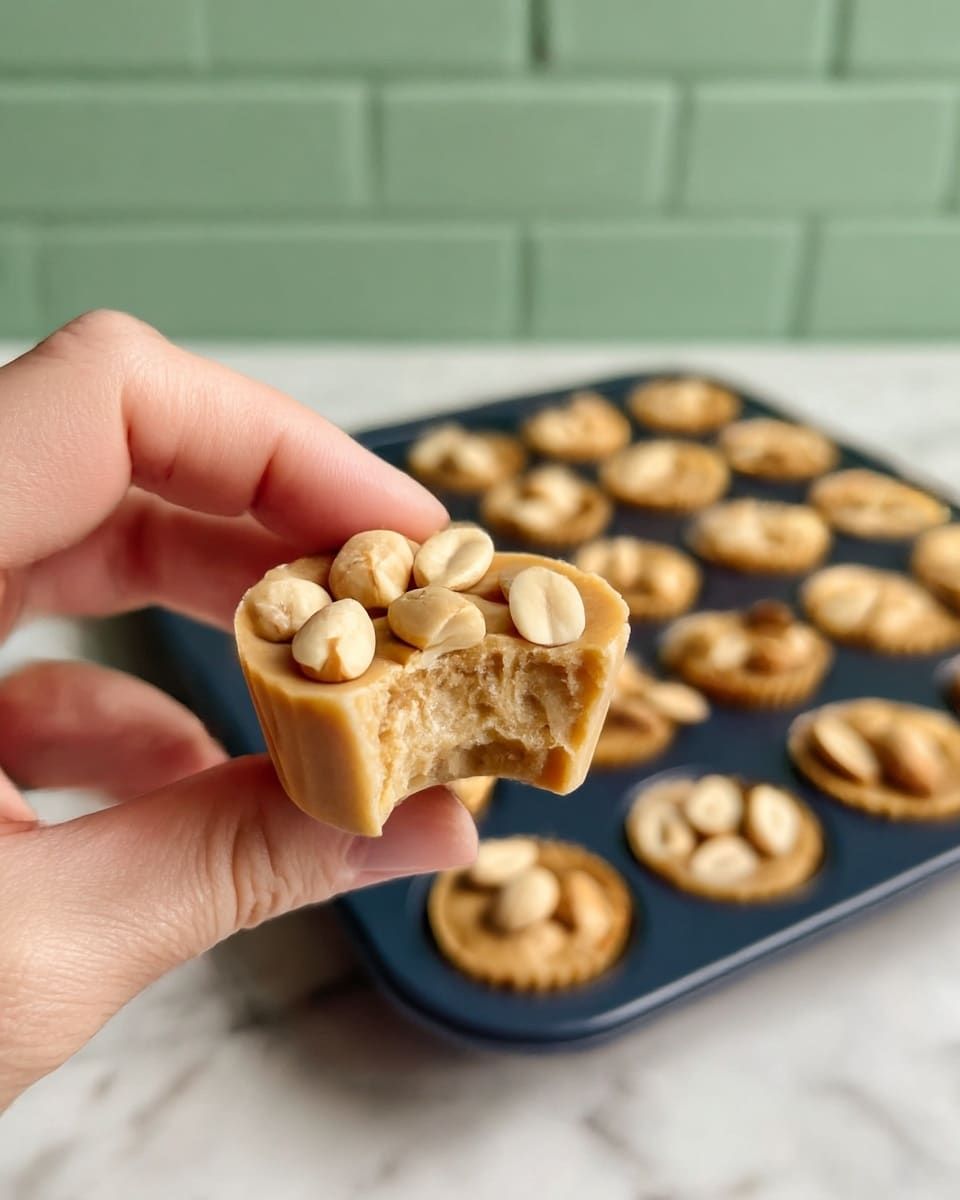 A close-up view of a woman's hand holding a small round peanut butter treat with a bite taken out of it, showing its smooth and creamy light brown inside texture. The top of the treat is decorated with whole and halved light beige peanuts, giving it a crunchy look. In the background, a dark baking tray filled with many similar small round peanut butter cups, each topped with a layer of whole peanuts, sits on a white marbled surface with a soft green brick wall behind. Photo taken with an iphone --ar 4:5 --v 7