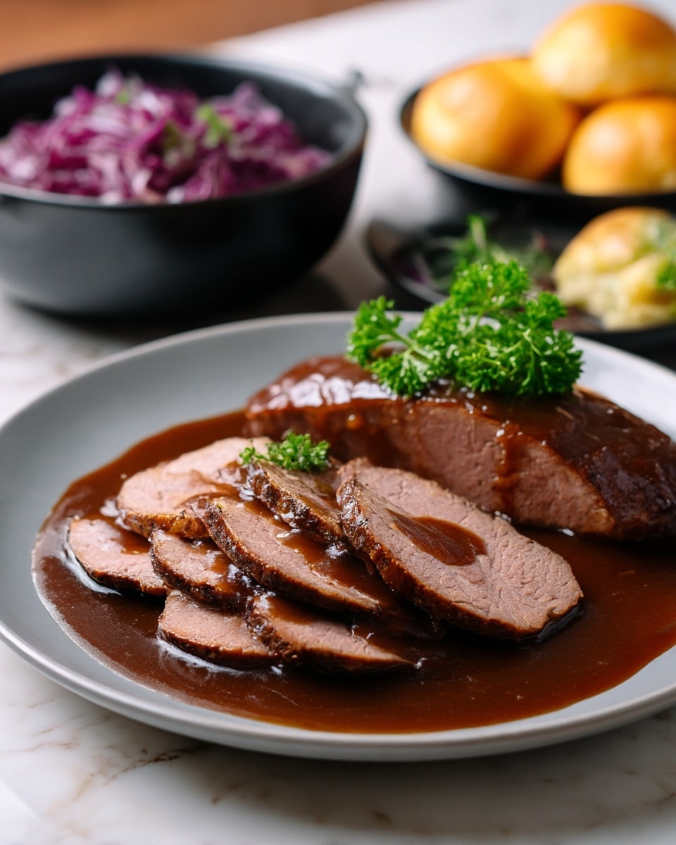 A grey plate holds five slices of cooked meat arranged in a slight fan shape, each slice showing a pinkish center and a browned outer edge, covered with a rich, glossy dark brown sauce that pools on the plate. At the back of the slices, there is a larger piece of meat also covered in the sauce, topped with a sprig of fresh green parsley. In the background, there is a blurred black bowl filled with more meat and a smaller black bowl containing shredded purple cabbage. To the right, a black plate holds three golden-brown baked rolls. The whole scene is set on a white marbled texture surface. photo taken with an iphone --ar 4:5 --v 7