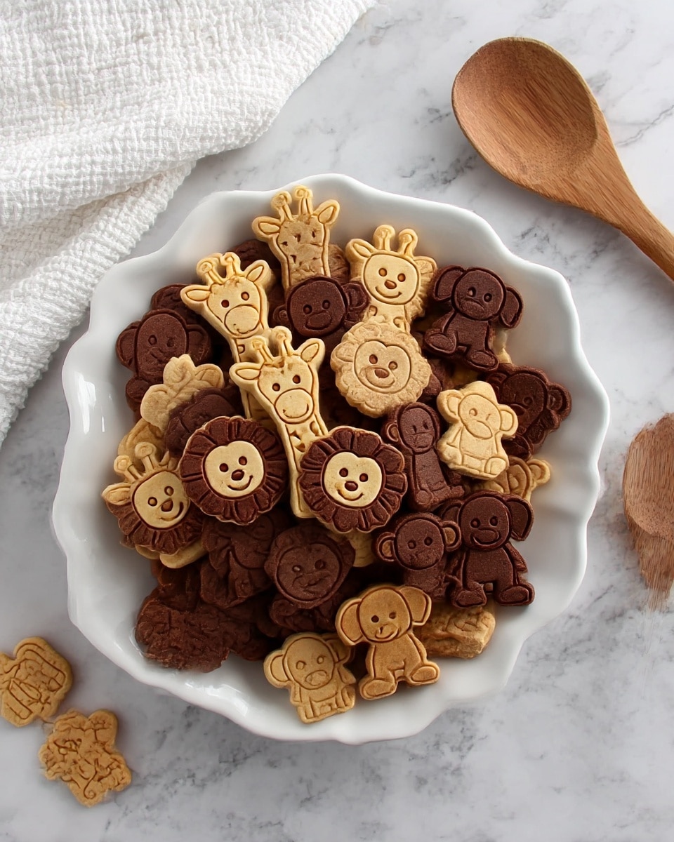 A white scalloped square plate filled with many small animal-shaped cookies in two colors: light brown and dark brown. The cookies are stacked unevenly with animal faces such as giraffes, lions, elephants, monkeys, and hippos clearly visible. The plate sits on a white marbled surface, accompanied by a wooden spoon on the right side and a white textured cloth partially seen on the top left. The cookies have simple and cute carved details making each animal recognizable. photo taken with an iphone --ar 4:5 --v 7