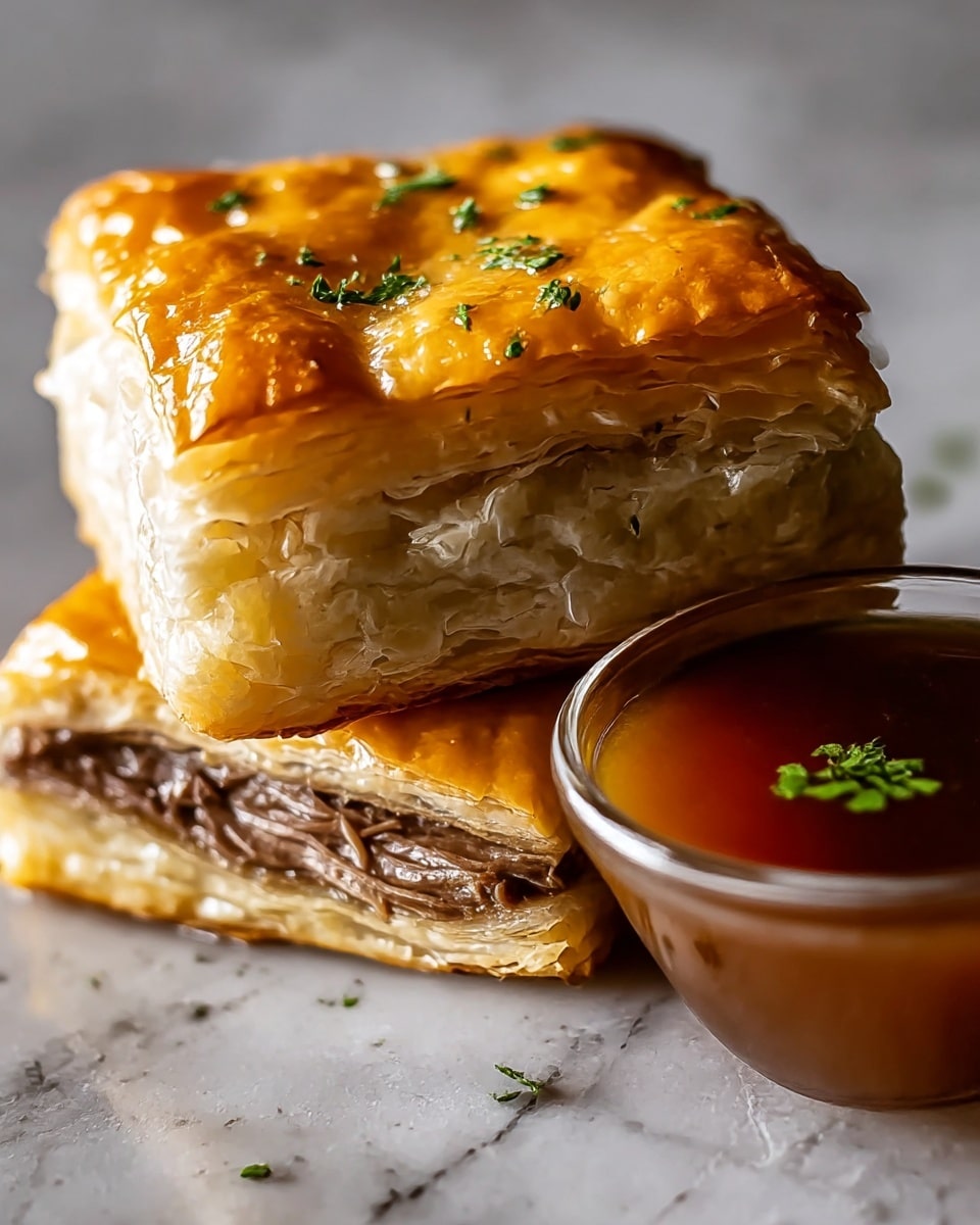 The image shows two stacked square layers of a golden, flaky pastry with crisp, puffed edges and a glossy top sprinkled with small green herb pieces. Between the top and bottom flaky pastry layers is a thick, dark brown filling that looks rich and moist, with a slightly fibrous texture. Next to the pastry stack is a small round clear glass bowl filled with a deep amber-brown sauce that glistens softly with a few tiny green herb bits on top. The dish is set on a white plate with a white marbled textured surface in the background, giving a clean and bright look. photo taken with an iphone --ar 4:5 --v 7
