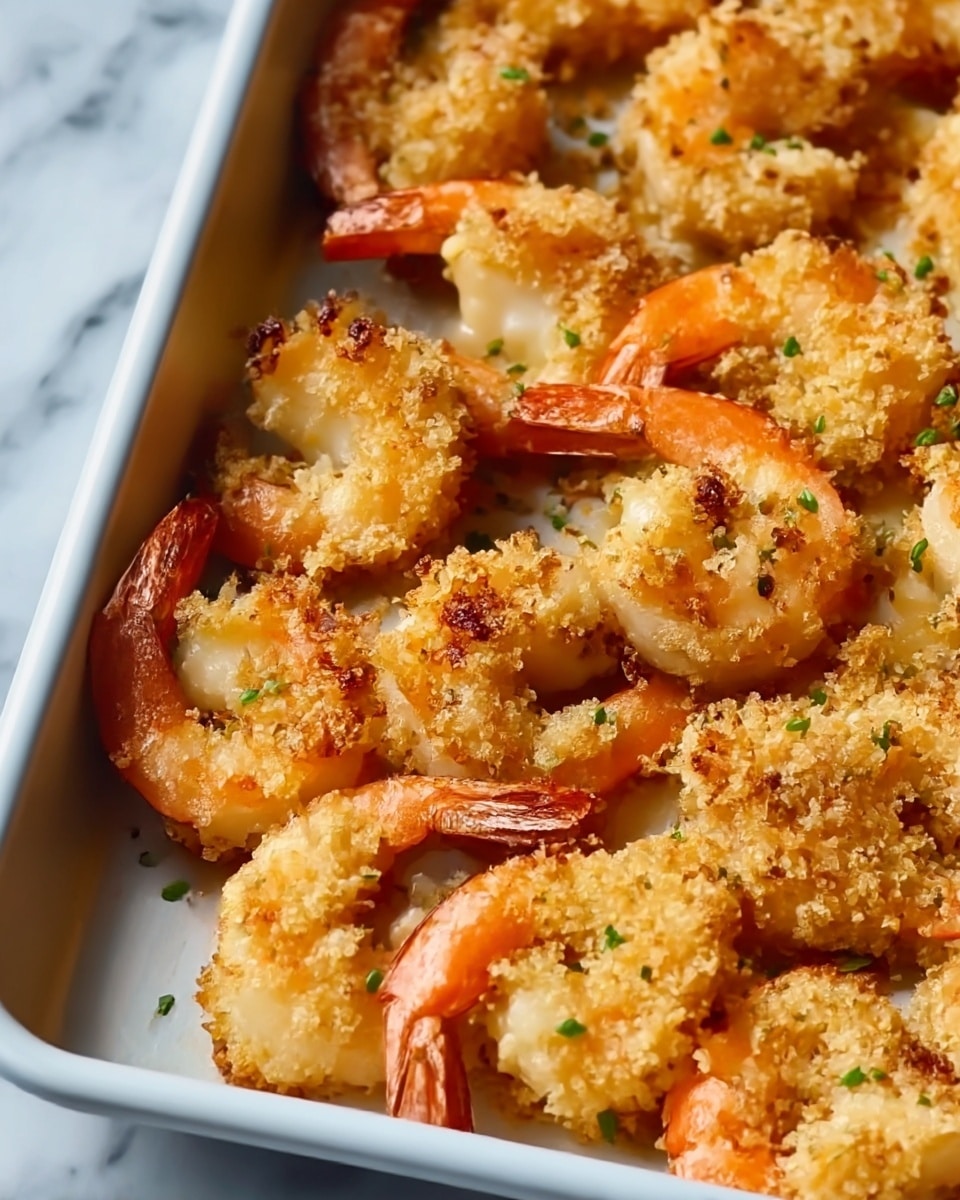 The image shows a white baking tray filled with golden-brown baked shrimp. Each shrimp is coated with a crispy breadcrumb layer that has a light, crunchy texture and browned spots. The shrimp have a curled shape with vibrant orange tails, and the creamy white flesh inside is visible. Small green chopped herbs are scattered lightly over the shrimp, adding a fresh pop of color. The surface beneath the tray has a white marbled texture background. photo taken with an iphone --ar 4:5 --v 7