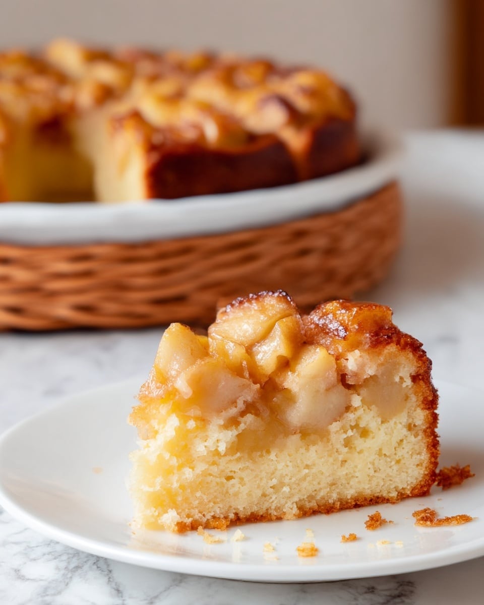 A close-up image of a slice of apple cake placed on a white plate with a few crumbs scattered around. The cake has three visible layers: a light golden brown bottom layer that looks soft and spongy, a middle layer of tender, pale yellow apple pieces, and a top layer of caramelized apple chunks with a shiny, golden-brown glaze. In the background, the rest of the cake sits in a white dish with a woven basket underneath, all set on a white marbled surface. The photo taken with an iphone --ar 4:5 --v 7