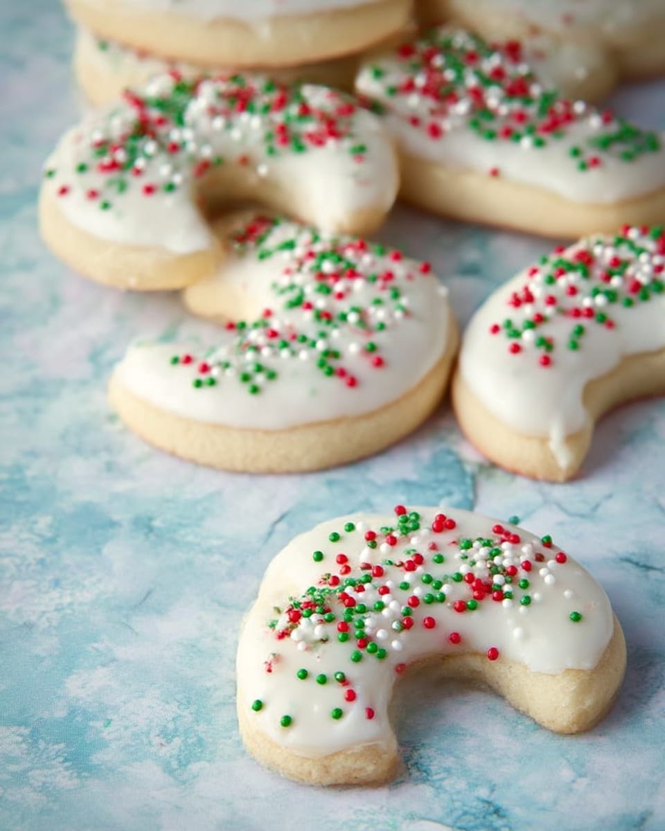 Four cookies shaped like candy canes lie in a row on a white marbled surface. Each cookie has a smooth, light beige base with a thick layer of white icing covering the top, dripping slightly on the edges. On the icing, there are small round sprinkles in red, green, and white colors scattered evenly. The overall look is festive and bright with clear details of the curved candy cane shapes and glossy icing photo taken with an iphone --ar 4:5 --v 7