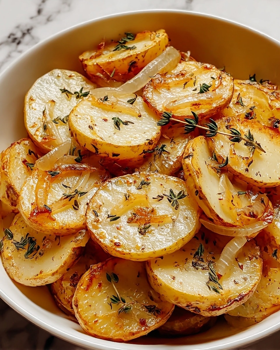 The image shows a white bowl filled with roasted potato slices that are golden brown and slightly crispy on the edges. Each potato slice is cut thick and has a soft white center with a light brown crust. Scattered on top and mixed between are small pieces of cooked onion, caramelized to a translucent light brown. Small green herb leaves, likely thyme, are sprinkled throughout, adding a fresh contrast to the warm colors of the potatoes and onions. The bowl rests on a white marbled surface, and the overall scene is close-up, showing details like the oil shine and seasoning flakes on the potatoes. photo taken with an iphone --ar 4:5 --v 7