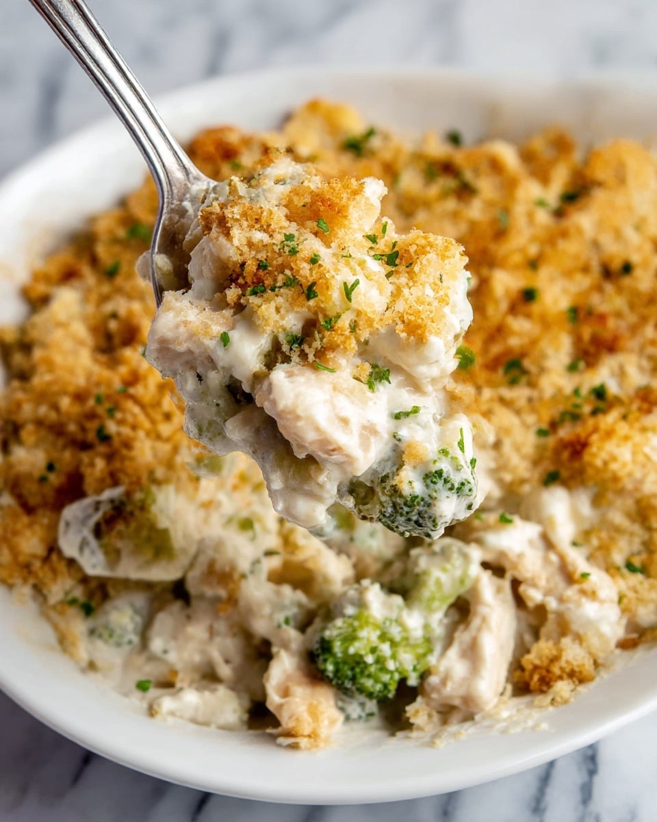 A close-up view of a creamy casserole served in a white plate with layers of chunky white sauce mixed with green broccoli pieces and tender chicken chunks. The top layer is golden brown, made of crispy bread crumbs, adding a crunchy texture. Small green herb bits are sprinkled over the dish, giving a fresh look. A silver spoon is lifting a portion, showing a mix of the creamy sauce, broccoli, and bread crumbs inside the dish, all resting on a white marbled surface. photo taken with an iphone --ar 4:5 --v 7