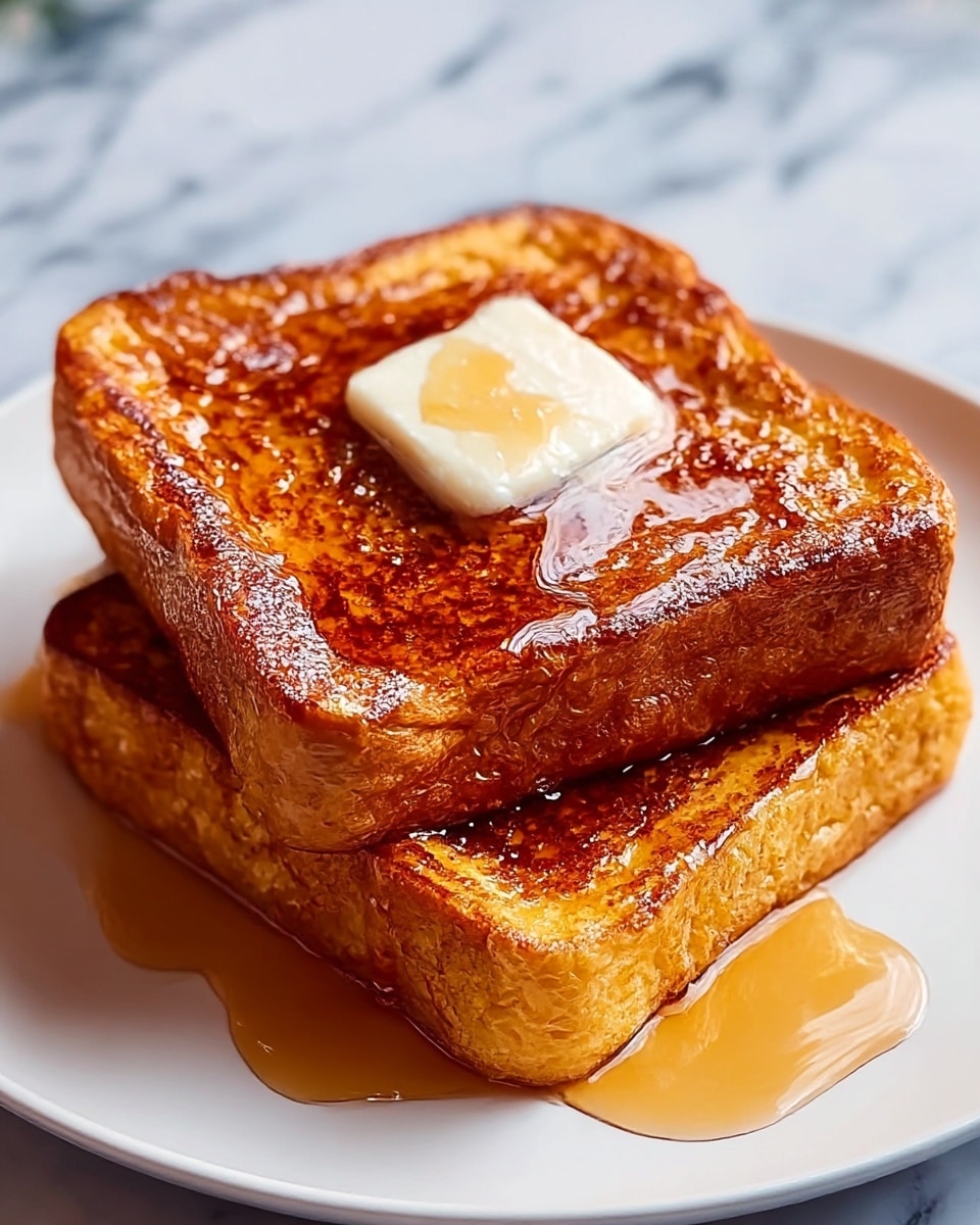 Two thick slices of golden brown French toast stacked on a white plate, each slice showing a crispy, slightly caramelized surface with a rich texture. The top slice has a dollop of creamy butter melting in the center, and glossy amber syrup drizzles over both slices, pooling at the base. The background features a soft white marbled texture. photo taken with an iphone --ar 4:5 --v 7