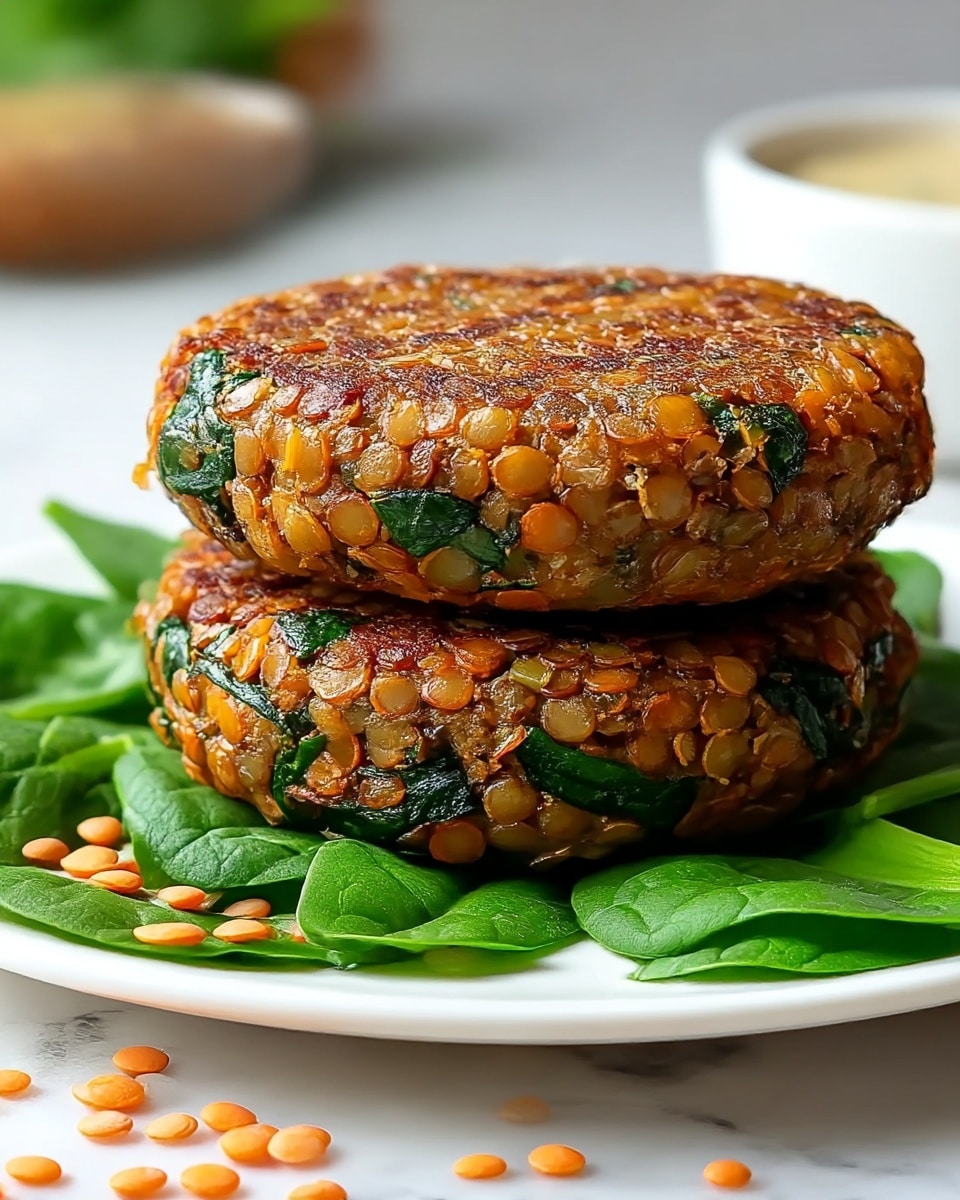 The image shows two stacked lentil patties with a rough texture, highlighting whole orange lentils and chopped green spinach mixed in. The patties have a browned, slightly crispy surface with a seared pattern. They rest on fresh spinach leaves arranged loosely on a white plate, with a few loose lentils scattered around. In the background, there is a blurry white bowl with a light sauce. The whole scene is set on a white marbled surface. photo taken with an iphone --ar 4:5 --v 7