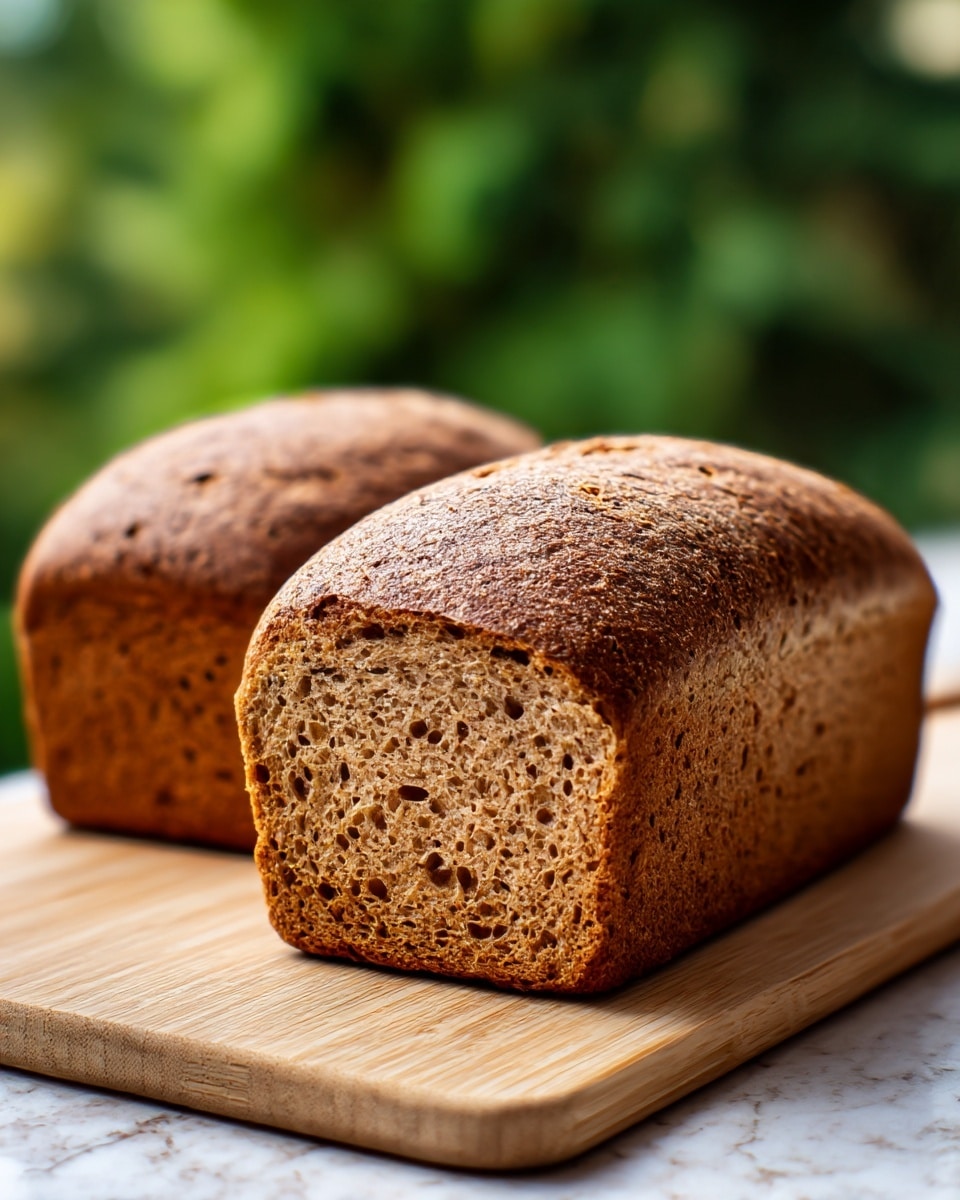 The image shows two whole loaves of brown bread with a dense texture and small air holes, placed on a light wooden cutting board. The bread has a slightly rough and cracked crust with a rich, deep brown color. The background is blurred with green trees and a white marbled texture surface underneath the board. The bread looks fresh and homemade, with one loaf closer to the camera and the other in the background. photo taken with an iphone --ar 4:5 --v 7