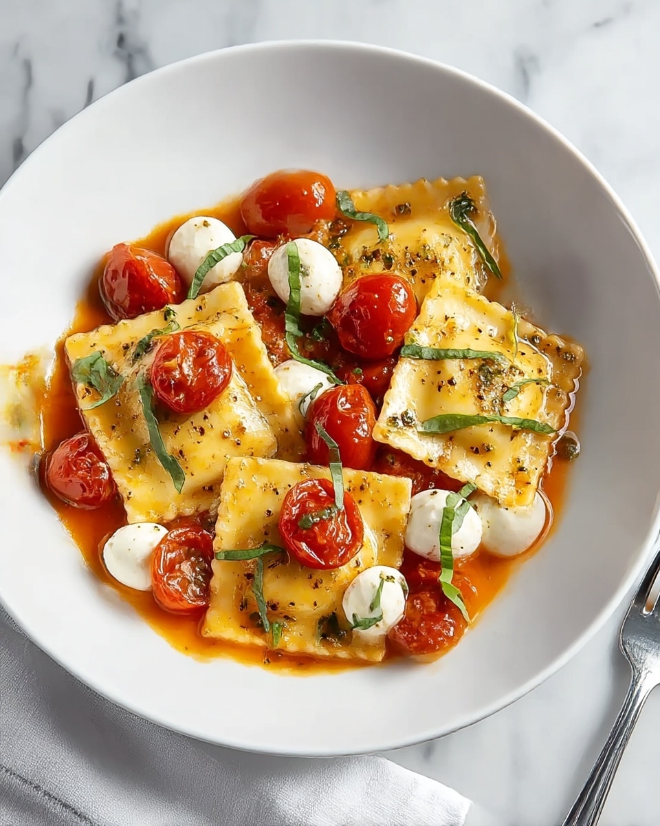 In the white bowl, there are five square ravioli pieces with a light yellow color and a soft texture, each topped with small bits of black pepper and herbs. Scattered among the ravioli are several bright red cherry tomatoes with a shiny, slightly wrinkled skin, sitting in an orange-red sauce that fills the base of the bowl. Small white mozzarella balls are spread throughout the dish, some cut in halves, adding a creamy texture. Thin green basil strips are sprinkled over the ravioli and tomatoes, providing a fresh contrast. The bowl is placed on a white marbled surface with a silver fork and a white cloth napkin beside it. Photo taken with an iphone --ar 4:5 --v 7