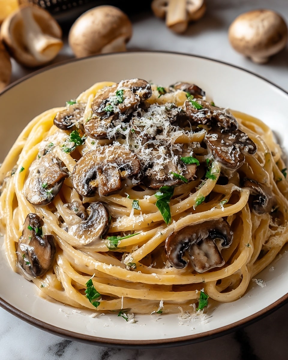 A serving of creamy mushroom pasta is shown on a white plate, with thick noodles coated in a smooth, light beige sauce. Sliced browned mushrooms are spread evenly on top and mixed throughout the pasta, adding a rich, dark brown color. Small bits of green parsley leaves are scattered on the surface, giving a fresh contrast. The dish is sprinkled with finely grated white cheese, lightly melting into the sauce. The plate sits on a white marbled surface, with whole mushrooms faintly visible in the blurred background. Photo taken with an iphone --ar 4:5 --v 7