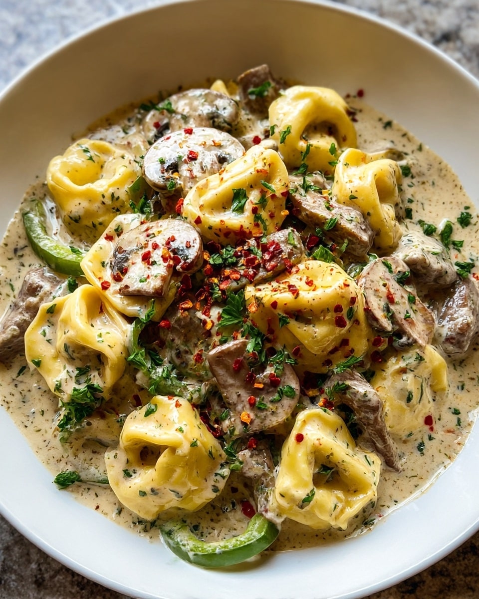 A white bowl filled with a creamy sauce layer that is light beige and speckled with herbs. On top, there are several yellow tortellini pasta pieces with a smooth and slightly glossy texture. Slices of brown mushrooms and strips of cooked brown meat are scattered among the pasta, adding depth and heartiness. Bright green bell pepper slices add a fresh pop of color, while a sprinkling of coarse red chili flakes and finely chopped green parsley leaves are spread evenly over everything for a spicy and fresh finish. The dish looks rich and creamy, with a mix of soft and tender textures. Photo taken with an iphone --ar 4:5 --v 7
