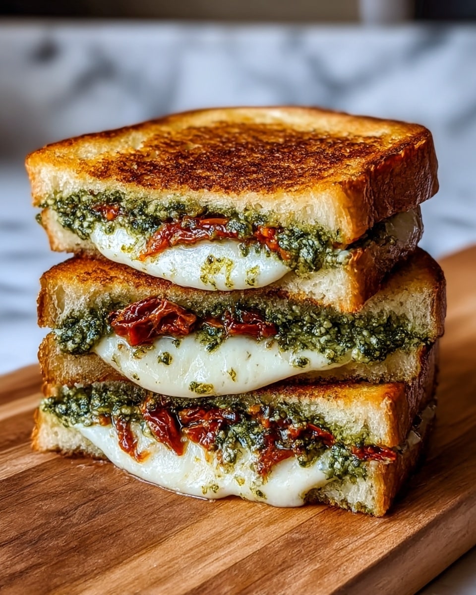 A grilled sandwich cut in half and stacked on top of each other sits on a wooden board. Each sandwich half has two layers of golden brown toasted bread with a crispy texture on the outside. Inside, the first layer is a thick, melty white cheese, followed by a vibrant green pesto sauce spread evenly, and bits of rich red sun-dried tomatoes adding a pop of color and texture. The sandwich looks warm and gooey with the cheese slightly oozing out. The background is softly blurred with a white marbled texture surface. Photo taken with an iphone --ar 4:5 --v 7