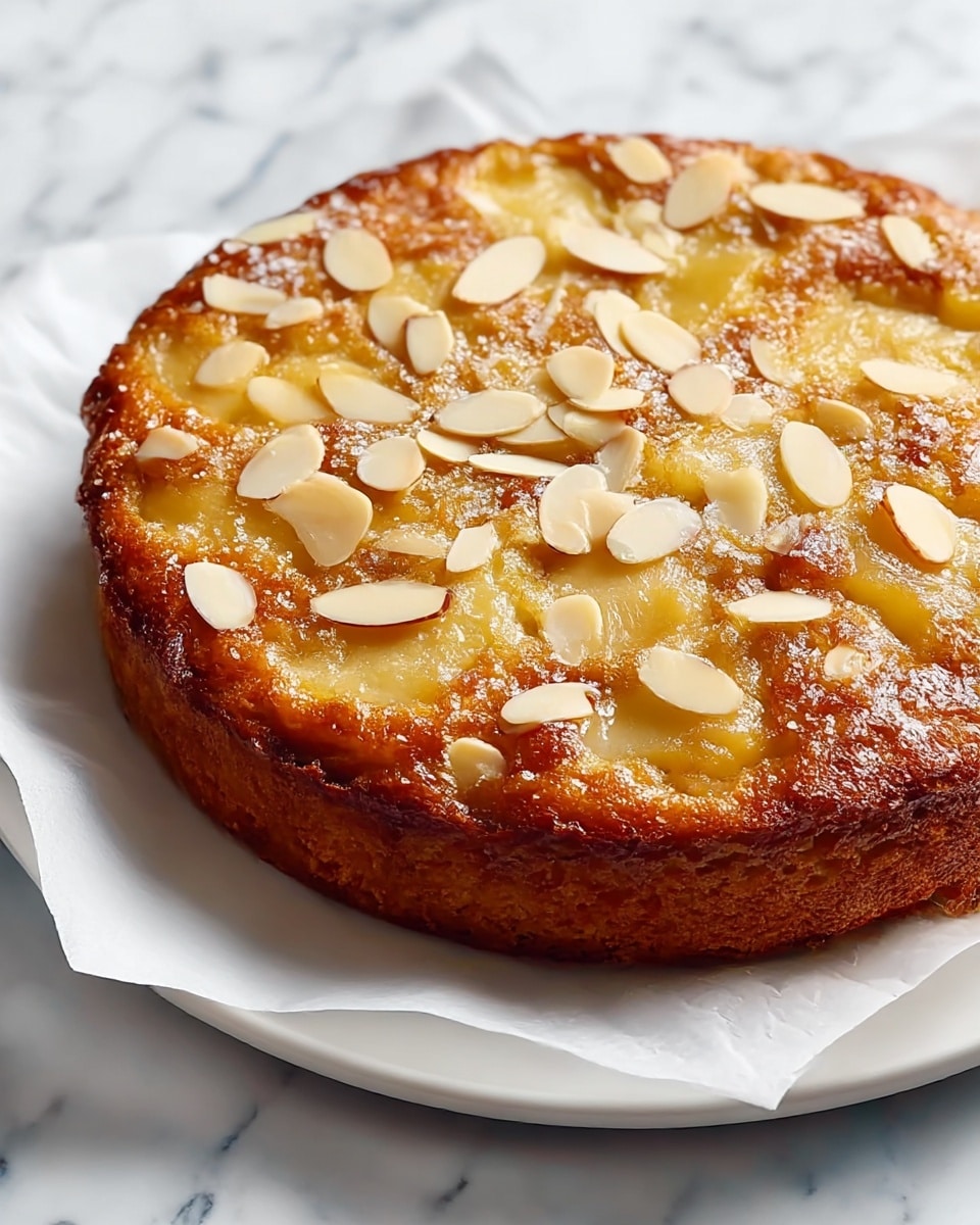 A round, golden-brown cake with a slightly crispy edge sits on a white plate lined with white parchment paper. The cake's surface is textured with visible slices of pale yellow fruit baked into the top layer, creating irregular patterns. Lightly toasted, thin almond slices are scattered across the top, along with a sprinkling of coarse sugar that adds a bit of sparkle. The cake looks moist with a slightly glossy finish on the top. The background is a white marbled texture. photo taken with an iphone --ar 4:5 --v 7