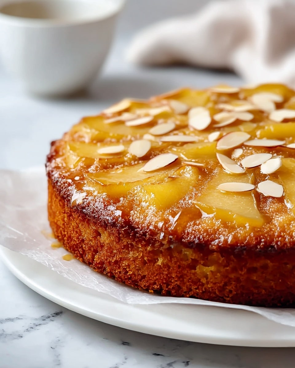 The image shows a close-up of a round cake with one visible layer, golden brown in color with a slightly crumbly texture along the edges. The top layer is decorated with sliced light yellow fruit pieces scattered evenly and glossy with syrup, dotted with thin, pale brown almond slices. The cake sits on a sheet of white parchment paper on a white plate placed over a white marbled surface. In the background, there is a blurred white bowl, adding soft depth to the image. Photo taken with an iphone --ar 4:5 --v 7