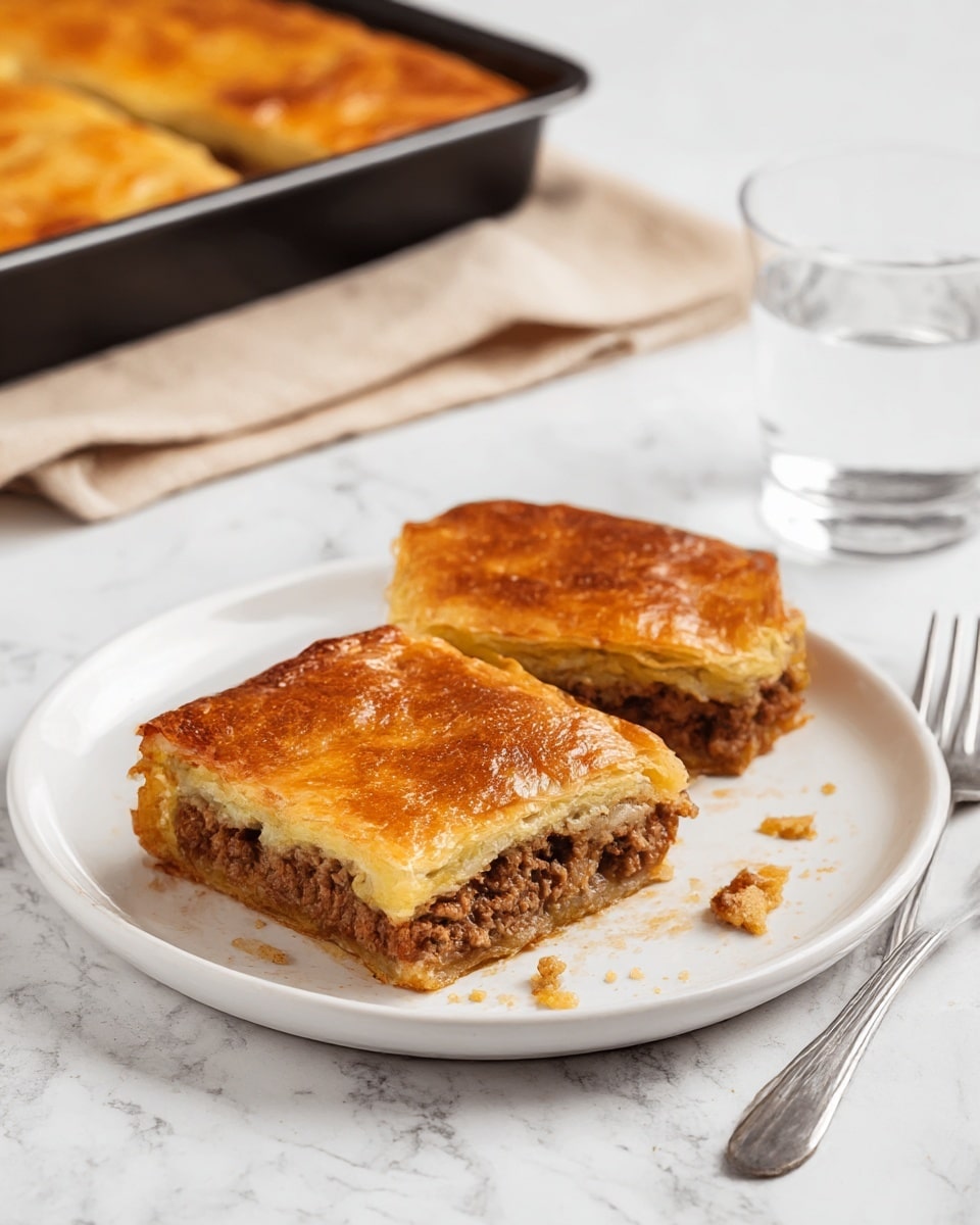The image shows two square pieces of a meat pie on a white plate placed on a white marbled surface. Each piece has two layers: the golden brown flaky crust on top with a shiny baked texture, and the inside layer filled with cooked ground meat that looks crumbly and moist in a light brown color. There are some crumbs scattered on the plate around the pie pieces. In the background, there is a black baking tray with more meat pie visible, slightly blurred, placed on a beige cloth. To the right of the plate, a clear glass of water and a silver fork rest on the white marbled surface. photo taken with an iphone --ar 4:5 --v 7