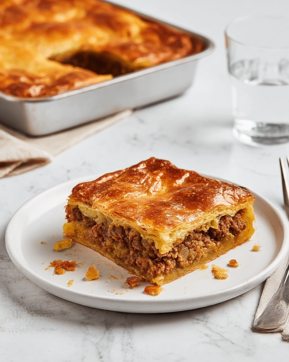 Two square pieces of baked meat pie sit on a white plate placed on a white marbled surface. Each piece has a golden-brown top crust with a slightly glossy, flaky texture that looks crispy around the edges. Inside, the visible layer is filled with cooked minced meat mixed with finely chopped onions, showing a rich brown color and moist texture. Crumbs from the crust are scattered on the plate. In the background, there is a rectangular baking pan with more meat pie showing a browned top, partly out of focus, along with a glass of water and a fork on the right side. Photo taken with an iphone --ar 4:5 --v 7