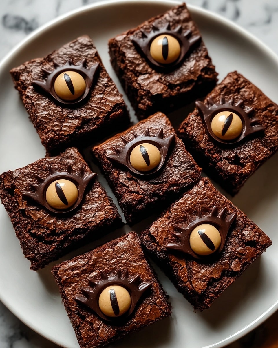 A white plate holds six square brownies arranged closely together, each brownie having a rough, cracked dark brown top layer. On top of each brownie, there is a single decorative eye made from smooth, shiny dark chocolate forming the eye shape and lashes, with a beige candy piece in the center acting as the eyeball and a black vertical line as the pupil. The brownies are thick and dense, showing a soft texture beneath the crackled surface. The background shows a white marbled texture. photo taken with an iphone --ar 4:5 --v 7