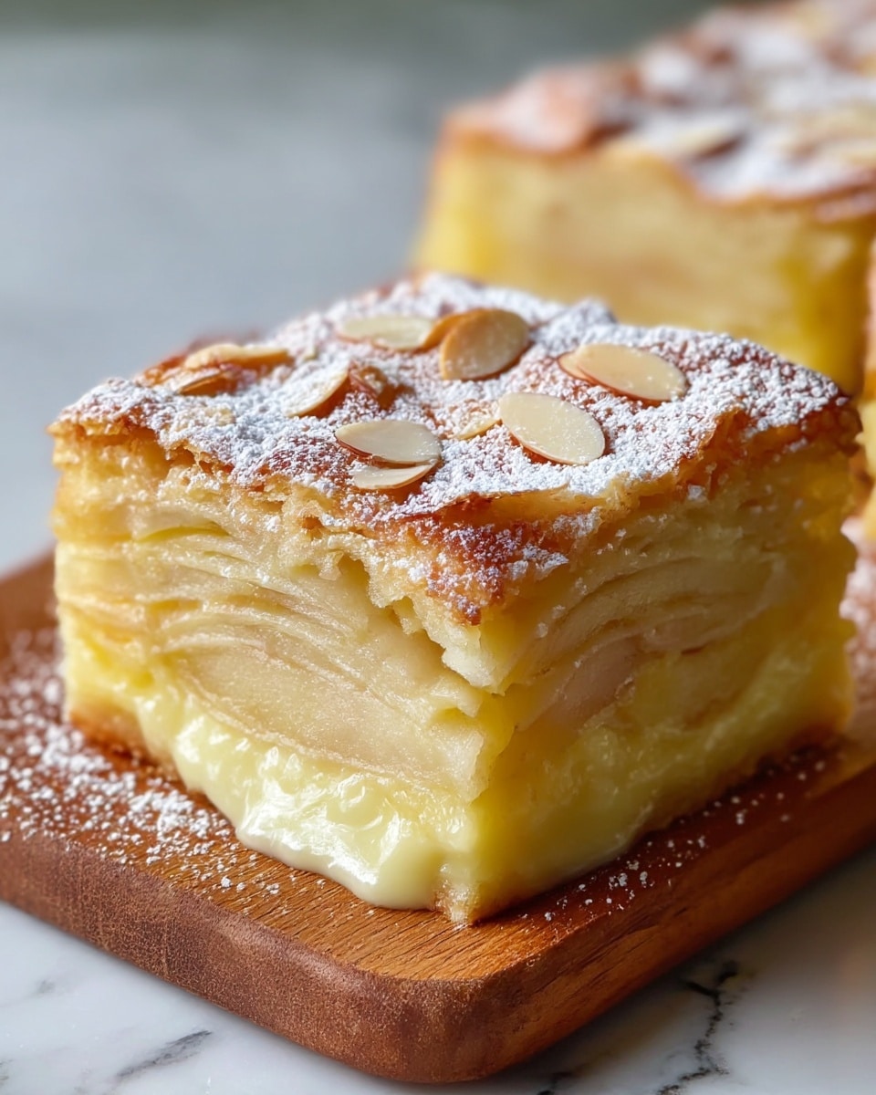 A close-up view of a square piece of layered apple cake with thin, visible slices of apple stacked inside, showing soft yellow and light brown hues. The top is golden brown with small almond flakes scattered and dusted with white powdered sugar, creating a slightly rough texture. At the bottom edge, creamy filling gently oozes out. Behind it, another piece of cake is partially visible. The cake sits on a wooden board resting on a white marbled surface. Photo taken with an iphone --ar 4:5 --v 7