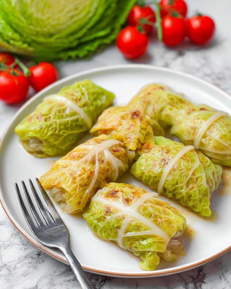 A white plate holds five neatly arranged cabbage rolls, each wrapped in bright green leaves with slight golden brown spots from cooking. The rolls show thin lines of translucent white cabbage wrapping around a filling inside. The texture looks soft and slightly shiny from a light sauce or oil. In the background, fresh green cabbage leaves and bright red cherry tomatoes add a fresh, colorful contrast. The plate is on a white marbled surface with a metal fork resting beside the bottom left rolls. photo taken with an iphone --ar 4:5 --v 7