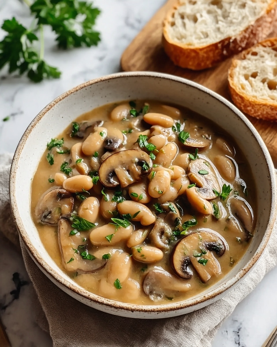 The image shows a rustic white bowl filled with a thick, creamy stew. The stew consists of soft white beans and sliced brown mushrooms in a light brown sauce. There are small pieces of green parsley sprinkled on top, adding a fresh touch. The bowl sits on a cloth next to a wooden board holding a piece of torn bread. The background is a white marbled texture. photo taken with an iphone --ar 4:5 --v 7