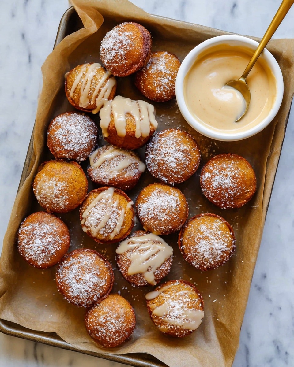 The image shows a baking tray lined with brown parchment paper holding about fifteen small, round pumpkin muffins that are golden brown. Some muffins have a light beige glaze drizzled on top, while others are plain. All muffins are sprinkled with powdered sugar, adding a dusted white layer on their tops. On the top right corner of the tray, there is a small white bowl filled with creamy, beige sauce, and next to it is a golden spoon with some sauce resting on it. The tray sits on a white marbled surface. photo taken with an iphone --ar 4:5 --v 7
