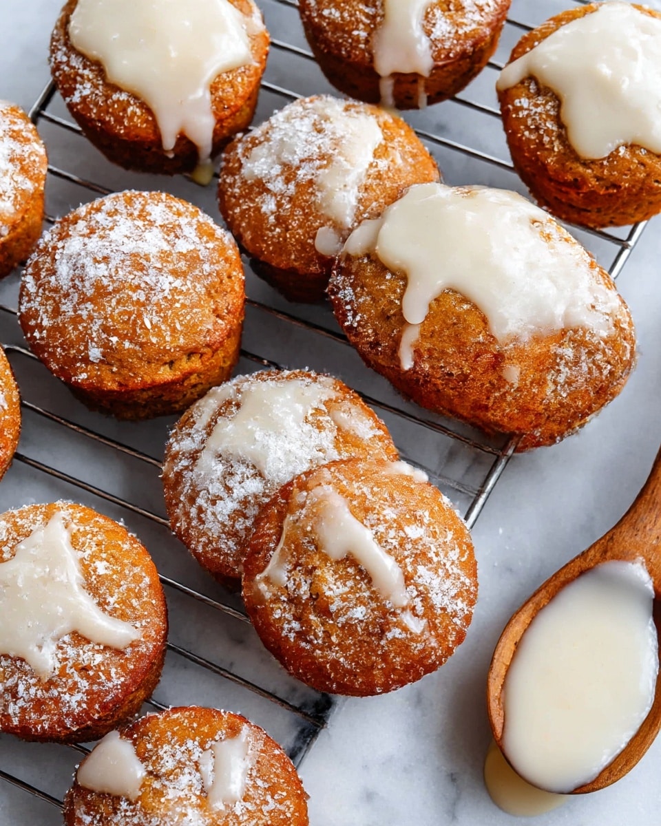 A group of small, round carrot cake muffins sits close together on a wire rack above a white marbled surface, each with a rich orange-brown base layer showing a moist, textured surface. Some muffins have a cream-colored smooth glaze spread unevenly on top, dripping slightly over the edges, and all are lightly dusted with white powdered sugar, creating a soft contrast. To the right, a wooden spoon rests on the white marbled surface, holding extra creamy glaze with a silky texture. The image captures the warm, inviting colors and the delicate layering on the muffins, photo taken with an iphone --ar 4:5 --v 7