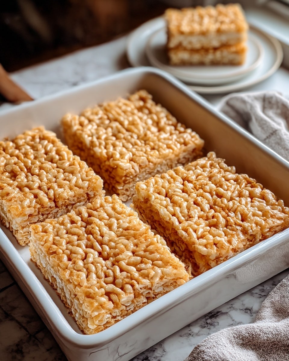 The image shows a white rectangular baking dish filled with four neatly arranged rice crispy treats. Each treat has a golden-brown, crispy top layer with a glossy texture and tightly packed puffed rice grains. The sides reveal a slightly lighter, chewy layer underneath, showing off the sticky marshmallow binder. The dish is set on a white marbled surface with a folded kitchen towel nearby. In the blurred background, there is a white plate holding two more rice crispy treats, giving a warm and cozy kitchen feel. Photo taken with an iphone --ar 4:5 --v 7