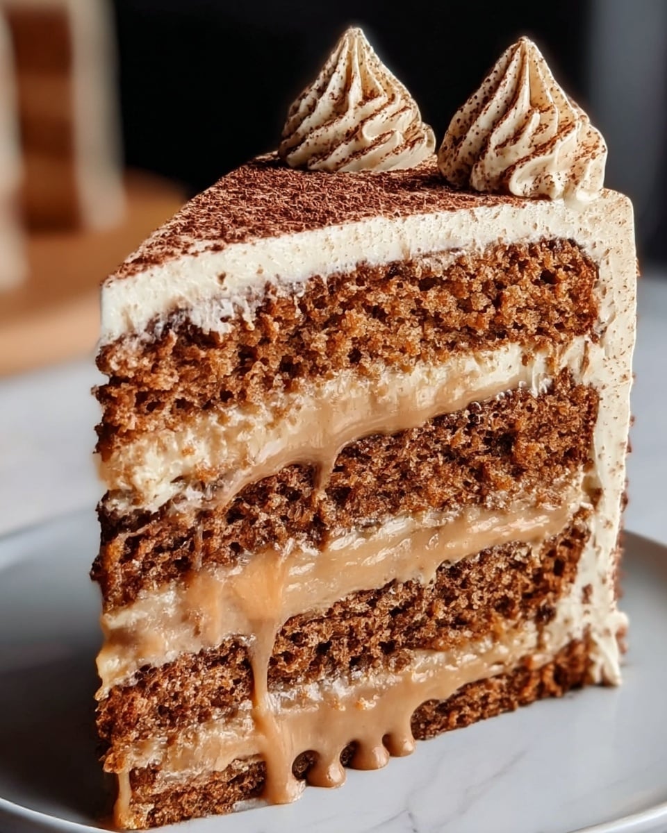 A close-up of a three-layer brown cake slice with a moist and slightly crumbly texture. Between each layer is a smooth, light brown caramel filling that looks creamy and slightly drips down the sides. The outside of the cake is covered in a thick, off-white frosting, sprinkled lightly with cocoa powder on top. On the top edge are two small swirls of the same frosting, also dusted with cocoa powder. The slice sits on a white plate, placed on a white marbled surface. photo taken with an iphone --ar 4:5 --v 7