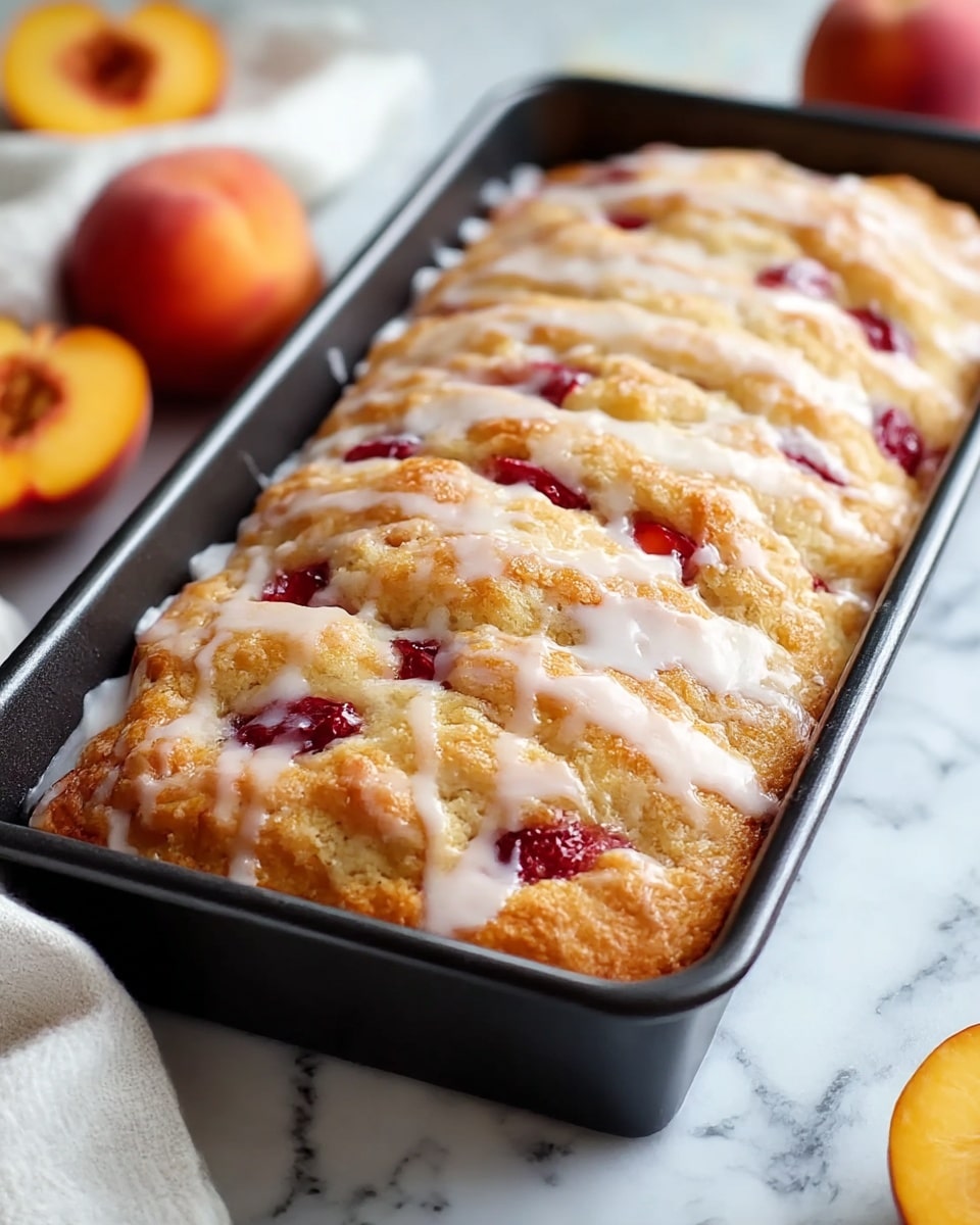 The image shows a rectangular baked pastry in a black baking pan, placed on a white marbled surface. The pastry is golden-brown with a slightly crisp crust, with visible red fruit filling spots, likely strawberry or similar berry, peeking through the top. The surface is generously drizzled with a glossy white glaze that creates a shiny texture and adds a touch of sweetness. The background includes blurred peaches and a white cloth partially visible on the left side, enhancing the fresh and inviting look of the dessert. photo taken with an iphone --ar 4:5 --v 7