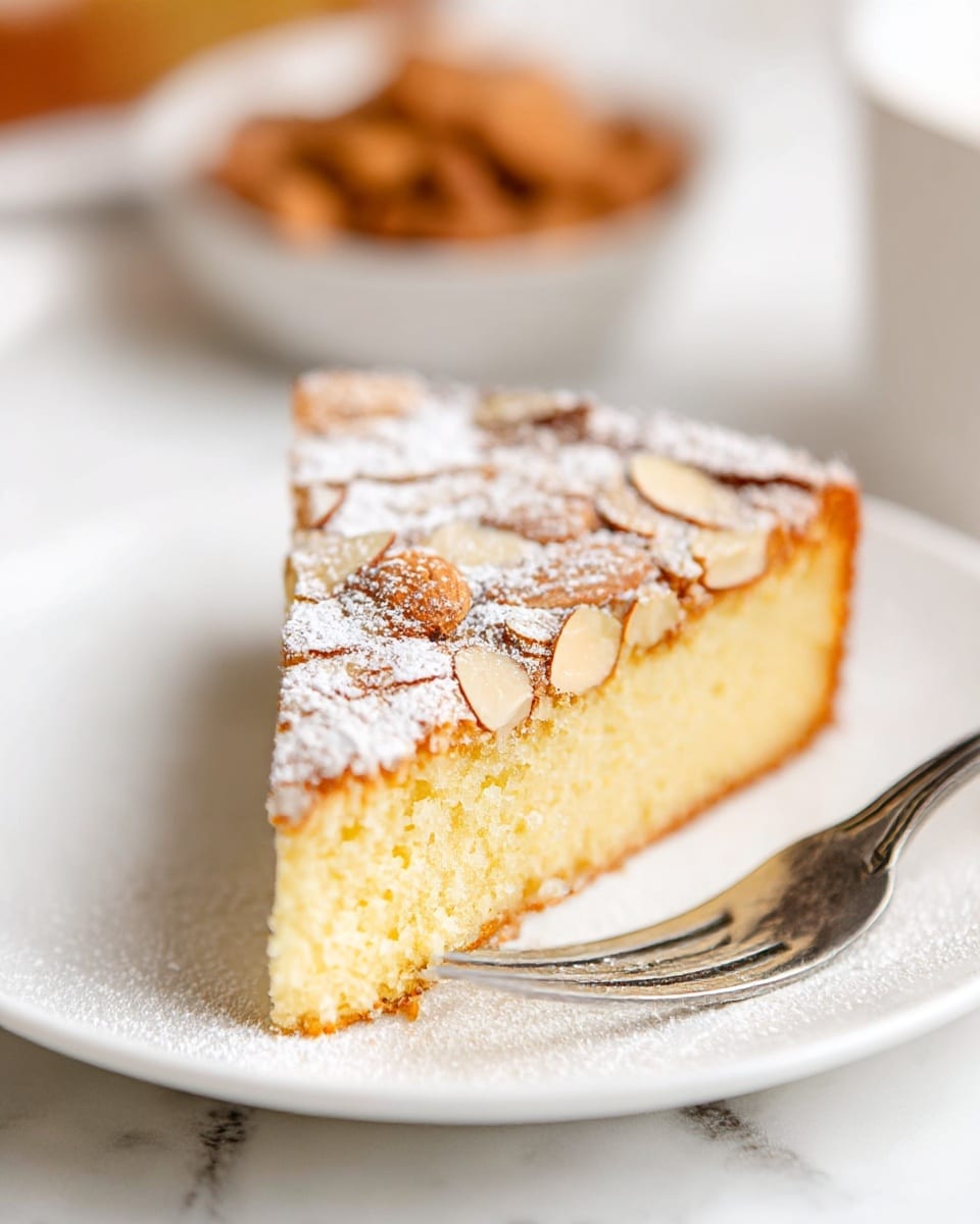 A single slice of soft yellow almond cake is shown on a white plate with a white marbled texture beneath, topped with a layer of toasted almond slices that are light brown and slightly crunchy, dusted with a fine white powdered sugar over the top and edges. The cake has a moist and crumbly texture with a thin golden-brown crust at the bottom and sides. A silver fork is gently pressing into the front of the cake slice. In the background, a blurred bowl filled with almonds is visible. photo taken with an iphone --ar 4:5 --v 7