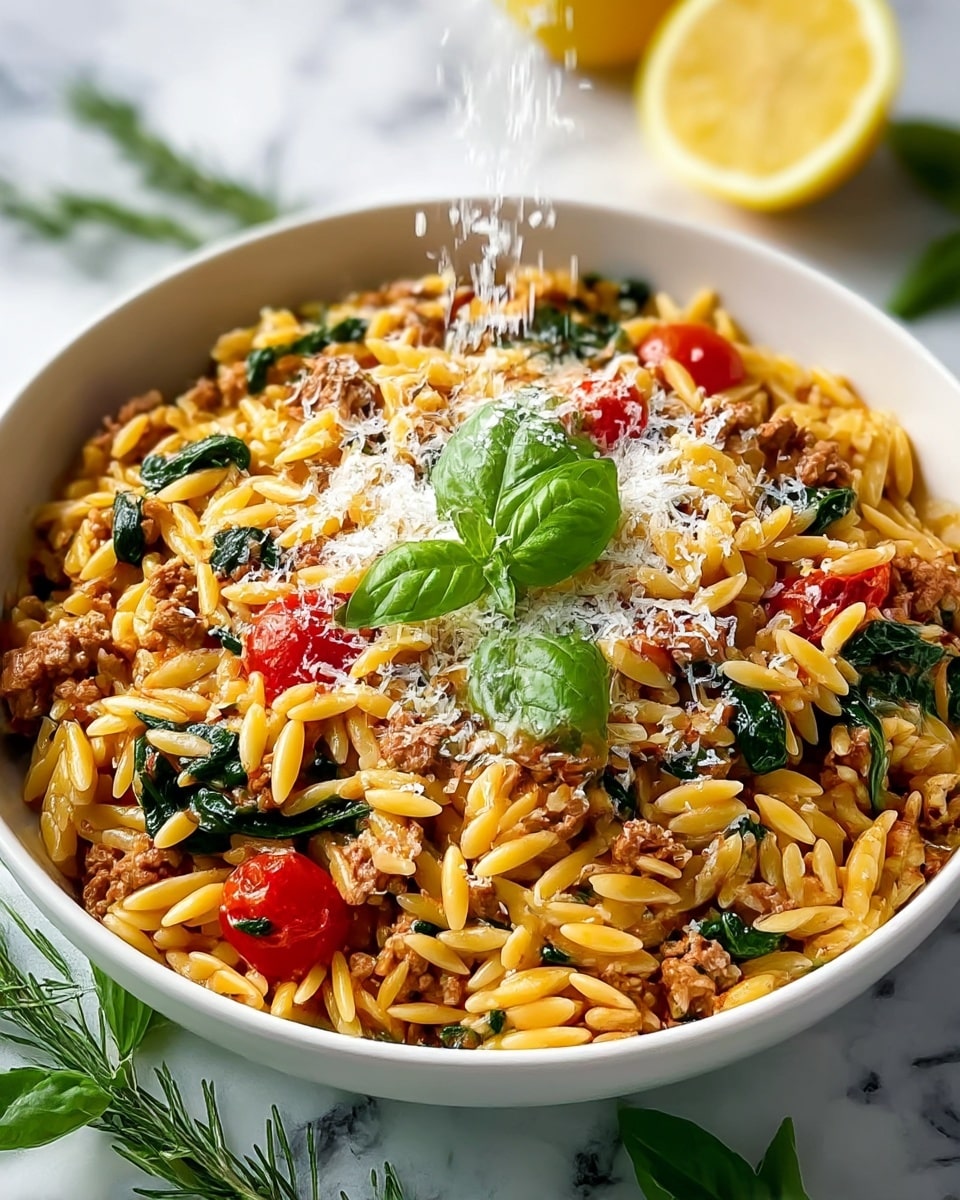 A close-up of a bowl filled with cooked orzo pasta that is golden yellow and mixed with small pieces of browned ground meat, wilted dark green spinach leaves, and bright red cherry tomatoes. The dish is topped with finely grated white cheese being sprinkled from above and garnished with a fresh green basil leaf in the center. The bowl is white and sits on a white marbled surface with green herb sprigs around. In the background, there is a halved lemon visible. Photo taken with an iphone --ar 4:5 --v 7