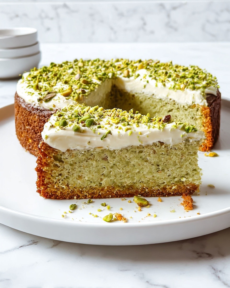 The image shows a two-layer round cake on a white plate placed on a white marbled texture. The bottom layer is thick and brown with a slightly rough texture, resembling a baked cake. The top layer is a smooth, pale cream color, evenly spread and about half the thickness of the bottom layer. The top layer is sprinkled with small, chopped green pistachio nuts, scattered lightly but covering the surface fully. The background is plain and neutral, enhancing the cake's colors and textures. photo taken with an iphone --ar 4:5 --v 7
