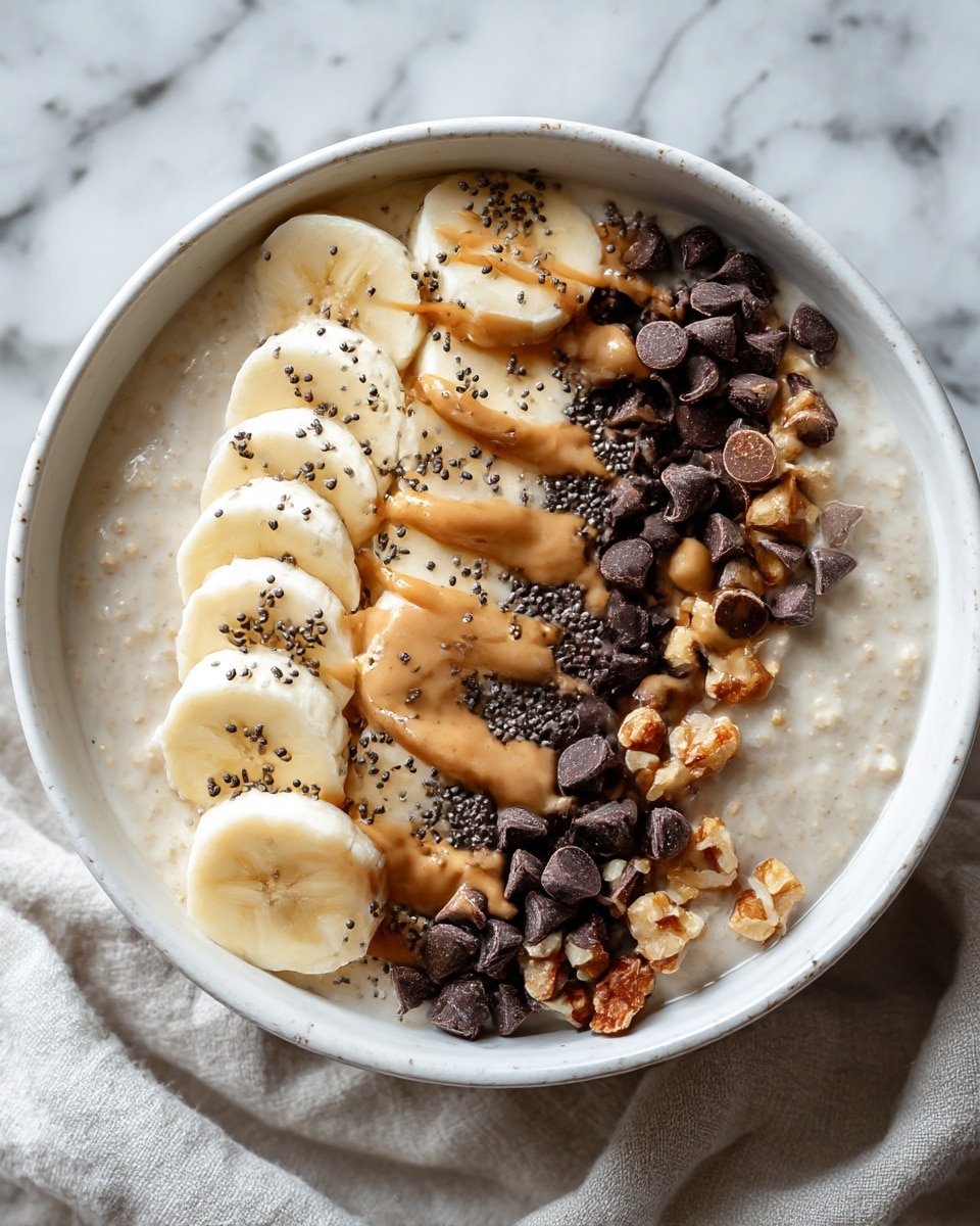 A white ceramic bowl is filled with a creamy oatmeal base that has a smooth texture. On top, there are three main layers of toppings arranged in stripes: on the left side, thinly sliced banana pieces are neatly lined up, showing a pale yellow color with tiny black chia seeds sprinkled over them. In the middle, a drizzle of light brown peanut butter runs horizontally, blending slightly into the oatmeal below. On the right side, a mix of dark brown chocolate chips and small chopped nuts are scattered, adding a richer, rough texture. The bowl sits on a white marbled surface with a soft cloth tucked underneath. photo taken with an iphone --ar 4:5 --v 7