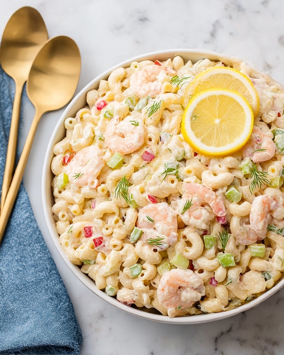A close-up of a bowl filled with shrimp macaroni salad, showing three main layers: the creamy, light beige macaroni pasta with small curved tubes; evenly mixed small diced green celery and red bell peppers scattered throughout; and medium-sized, pale pink cooked shrimp arranged on top and throughout the salad. Two bright yellow lemon slices are placed on top as garnish, with small sprigs of green dill sprinkled over the salad. The bowl is white and rests on a white marbled surface, next to a brass spoon and a blue cloth. Photo taken with an iphone --ar 4:5 --v 7