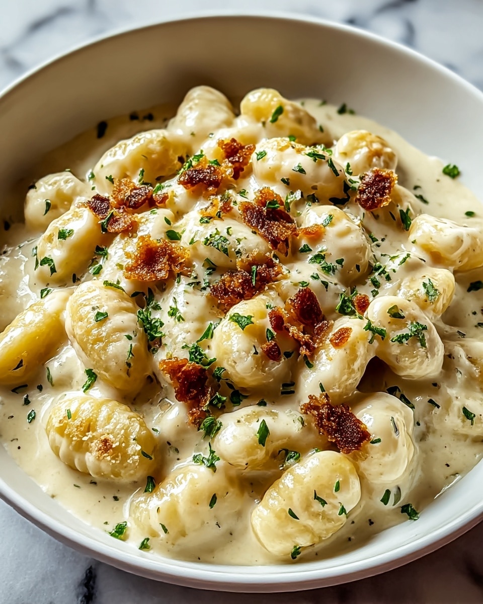 A white bowl filled with soft, plump gnocchi pieces covered in a thick, creamy white sauce, sprinkled with small green herb bits. On top, golden brown crispy bits add texture and a touch of color contrast to the smooth sauce and gnocchi. The background features a white marbled surface, giving a clean and fresh look to the image. photo taken with an iphone --ar 4:5 --v 7