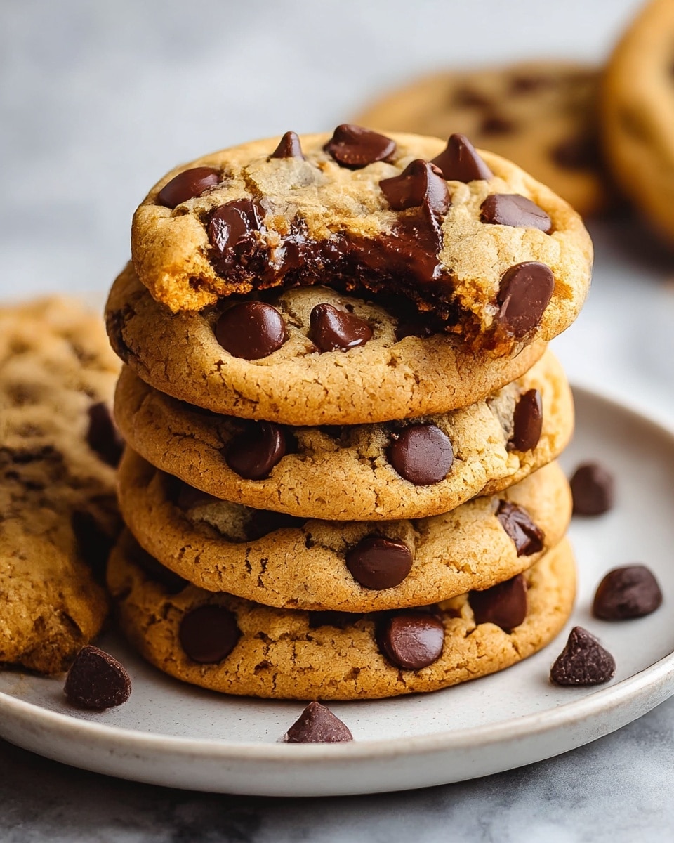 A close-up view of a stack of five golden brown chocolate chip cookies on a deep white plate. The top cookie is bitten, showing a soft dark brown chocolate center. The cookies have many large shiny dark chocolate chips spread on top, creating a textured look with slightly cracked surfaces. The plate sits on a white marbled texture background, adding a clean, simple contrast to the warm tones of the cookies. photo taken with an iphone --ar 4:5 --v 7